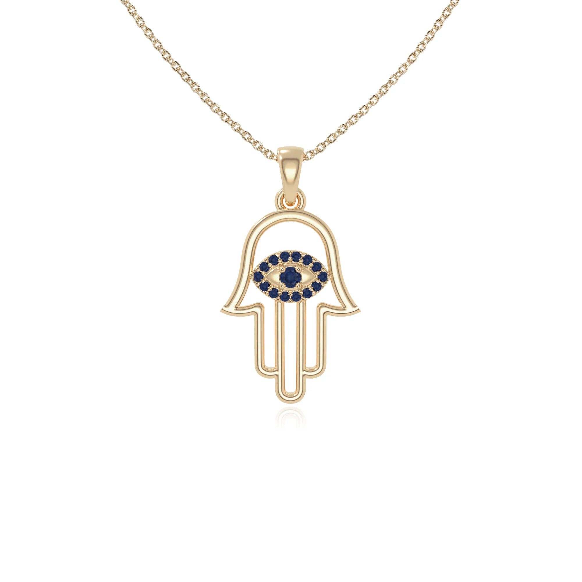 natural blue-sapphire evil eye hamsa hand necklaces in yellow gold vermeil 