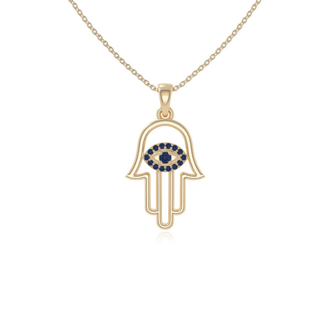 natural blue-sapphire evil eye hamsa hand necklaces in yellow gold vermeil 