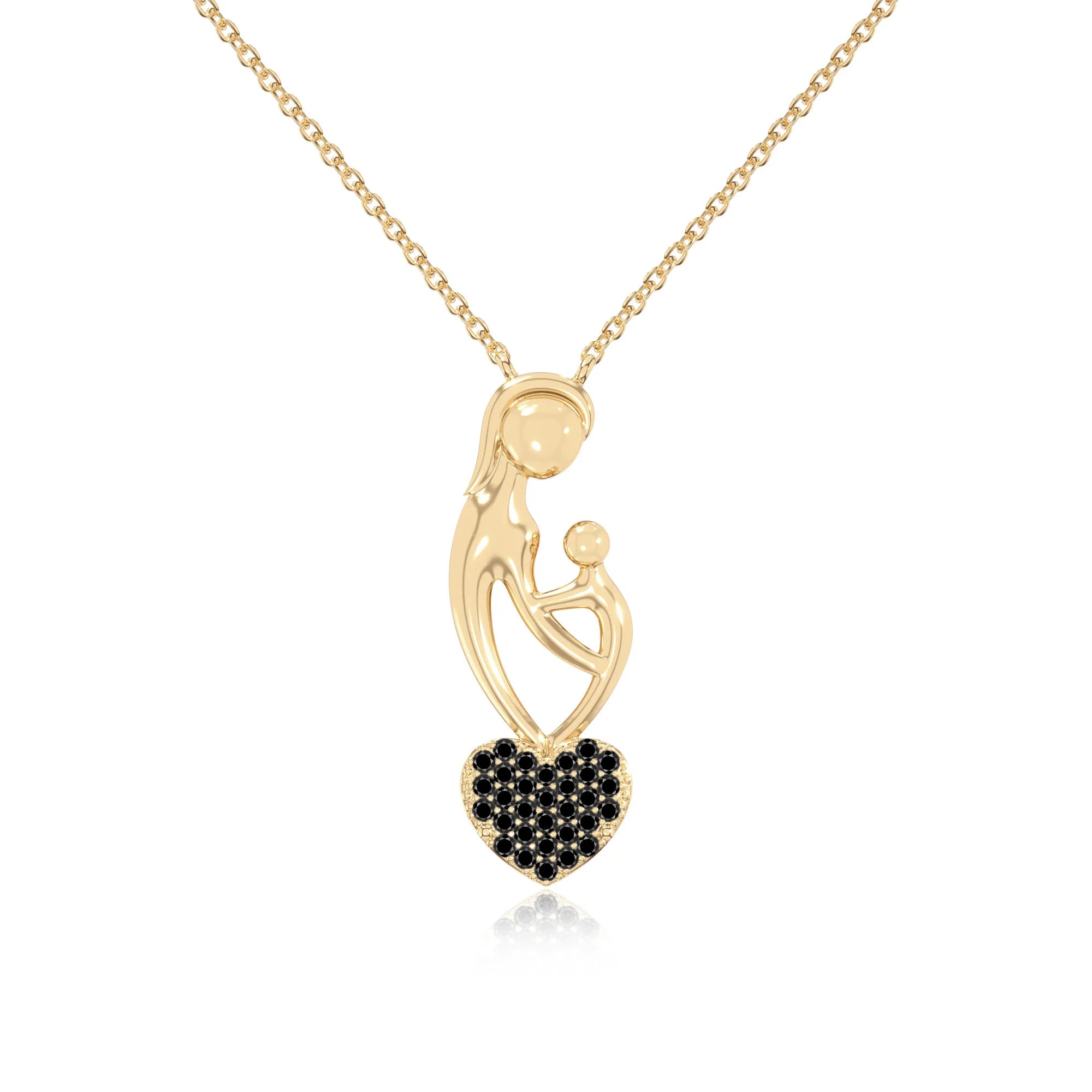 natural black-onyx mother child heart necklaces in yellow gold vermeil 