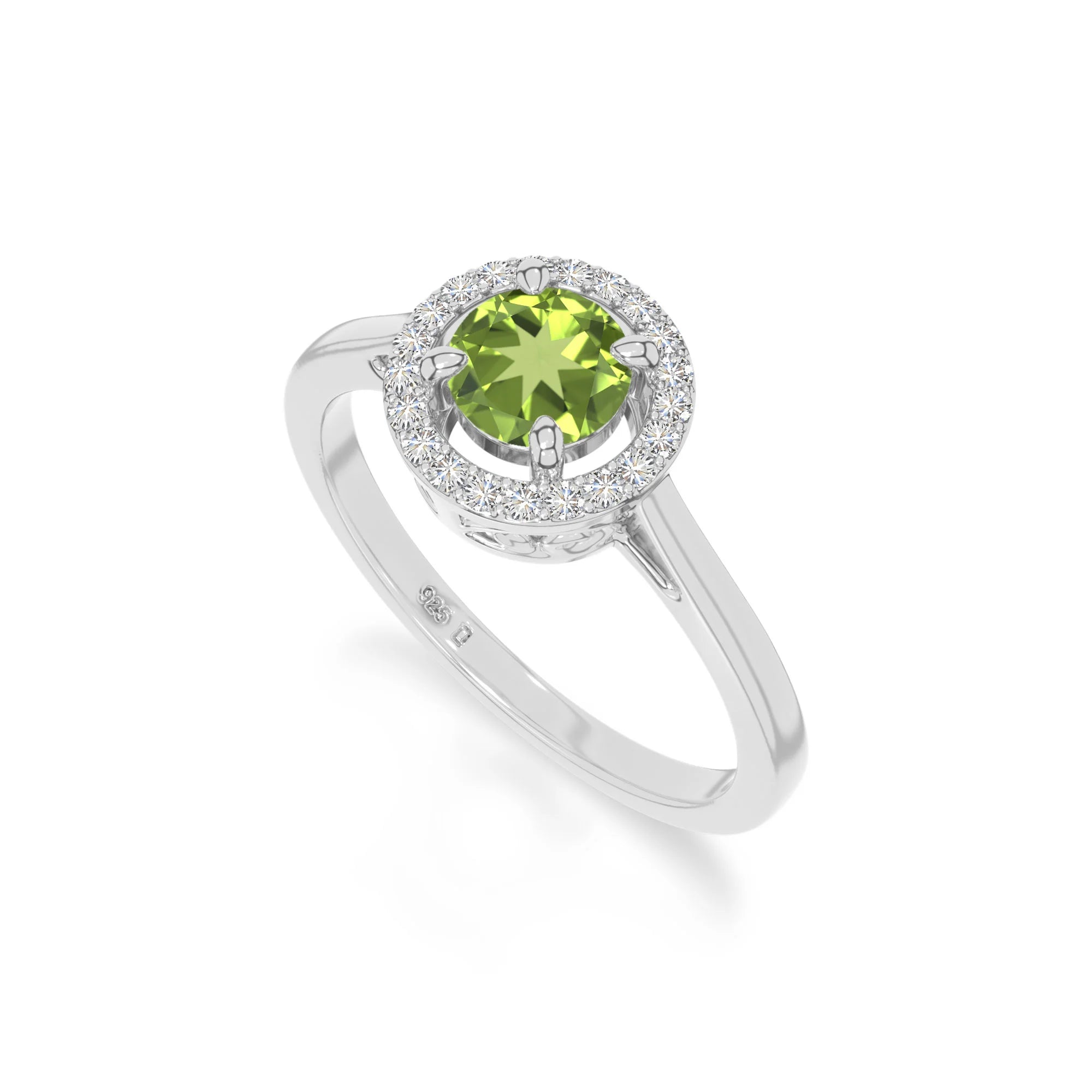 natural peridot solitaire halo engagement rings in sterling silver 