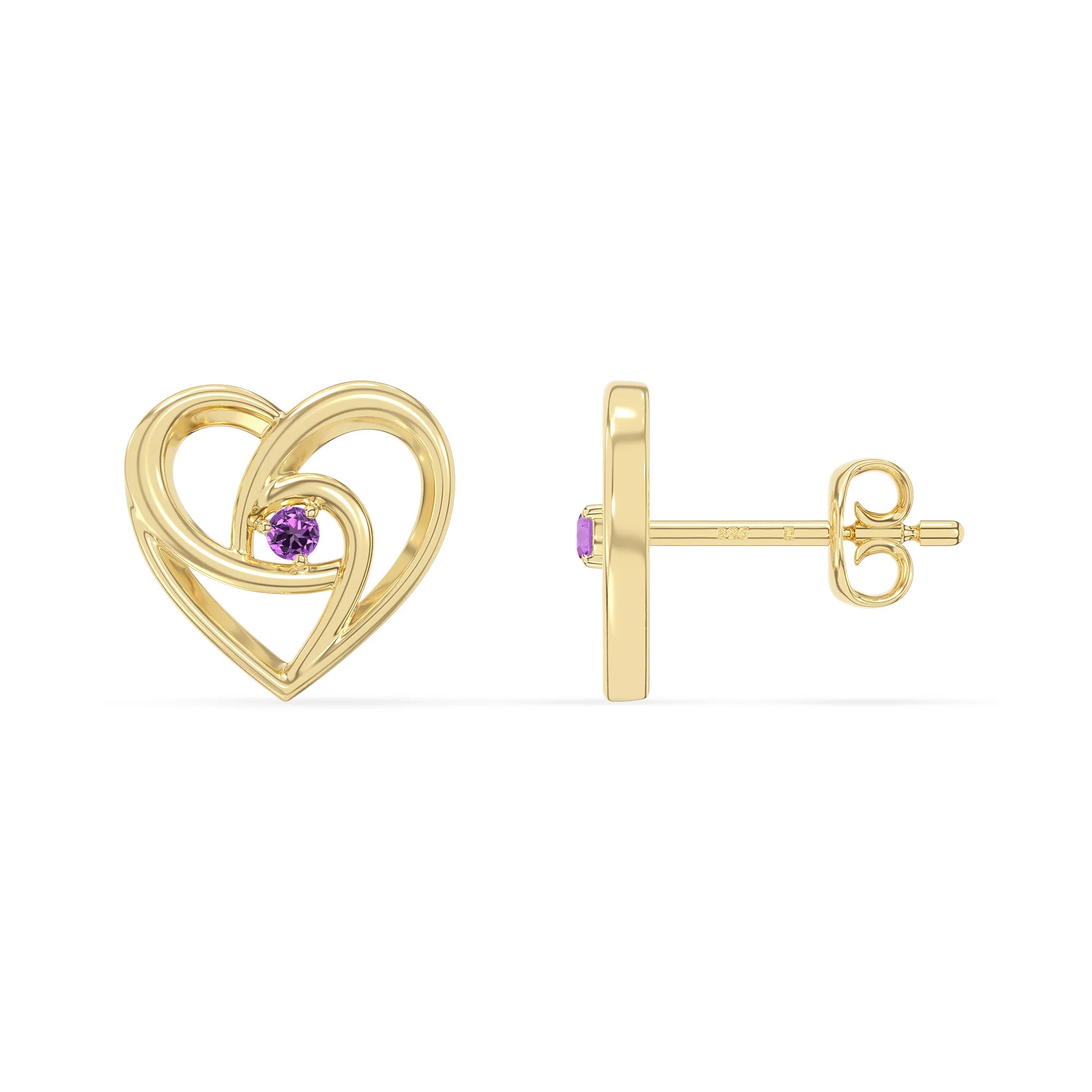 natural amethyst heart stud earrings in yellow gold vermeil 