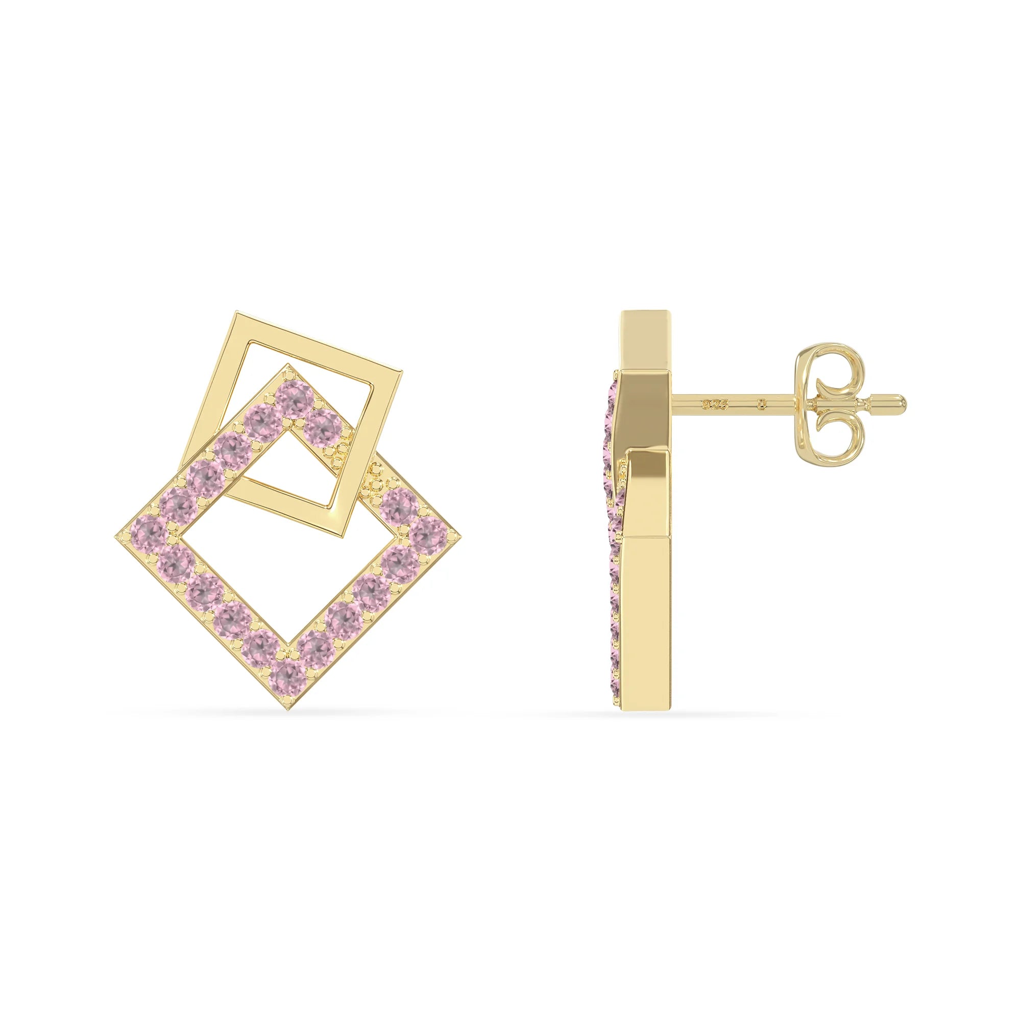 natural pink-tourmaline square stud earrings in yellow gold vermeil 