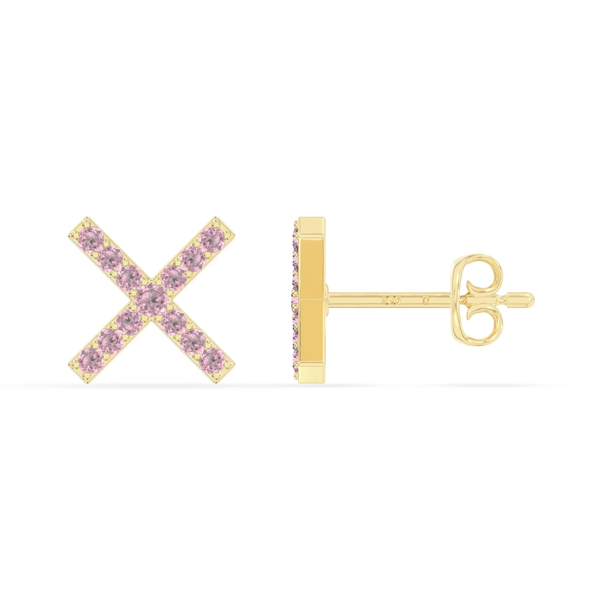 natural pink-tourmaline x stud earrings in yellow gold vermeil 