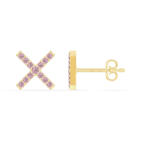 natural pink-tourmaline x stud earrings in yellow gold vermeil 