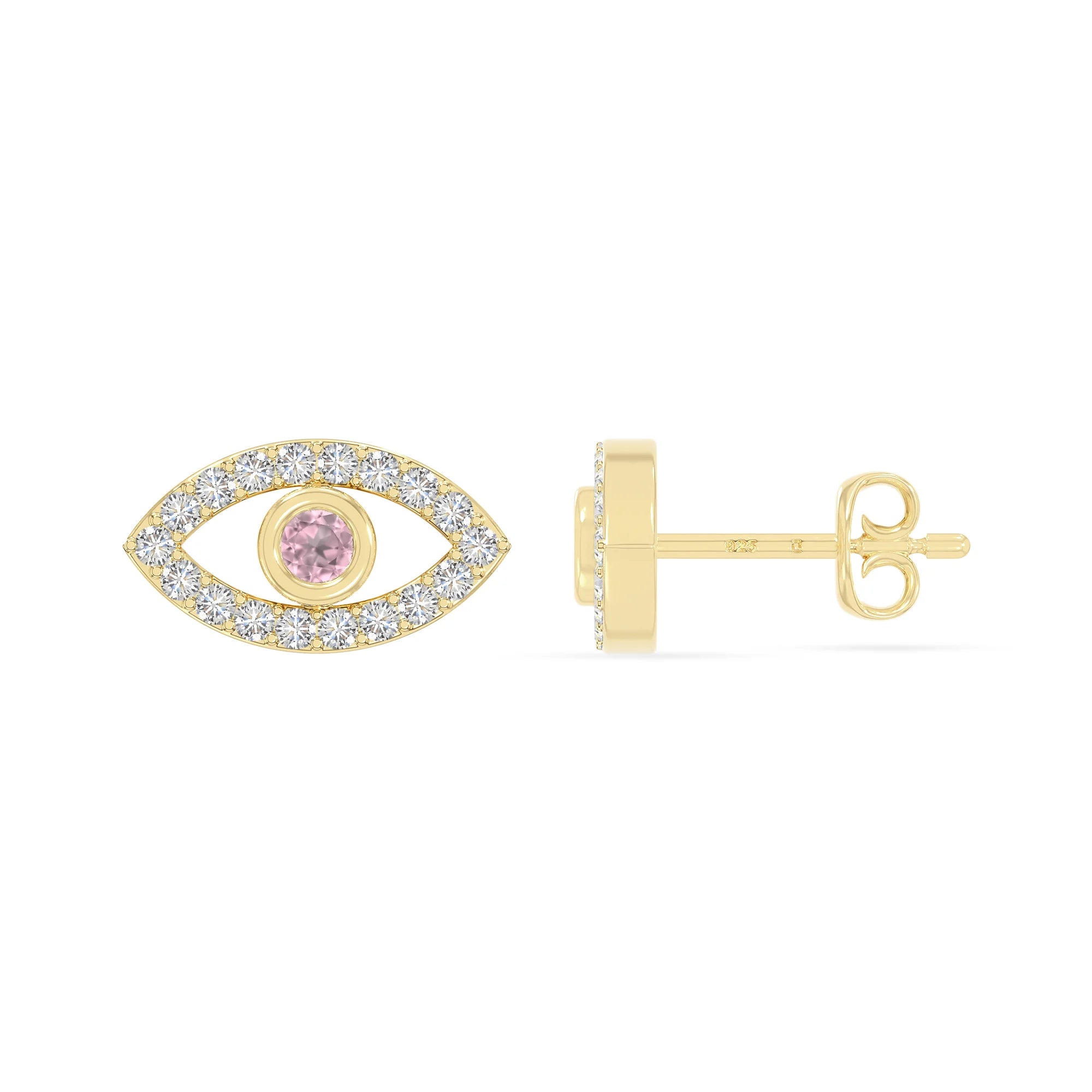 natural pink-tourmaline evil eye stud earrings in yellow gold vermeil 