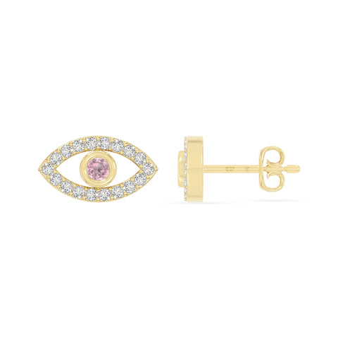 natural pink-tourmaline evil eye stud earrings in yellow gold vermeil 