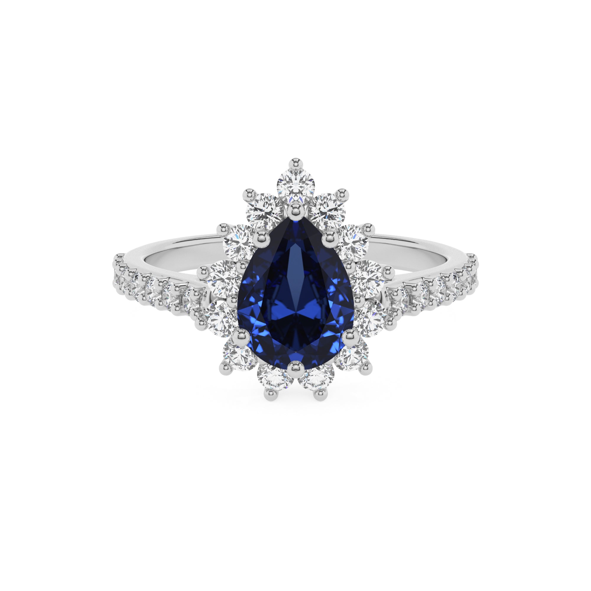 lab-grown blue-sapphire pear half eterity halo solitaire engagement ring