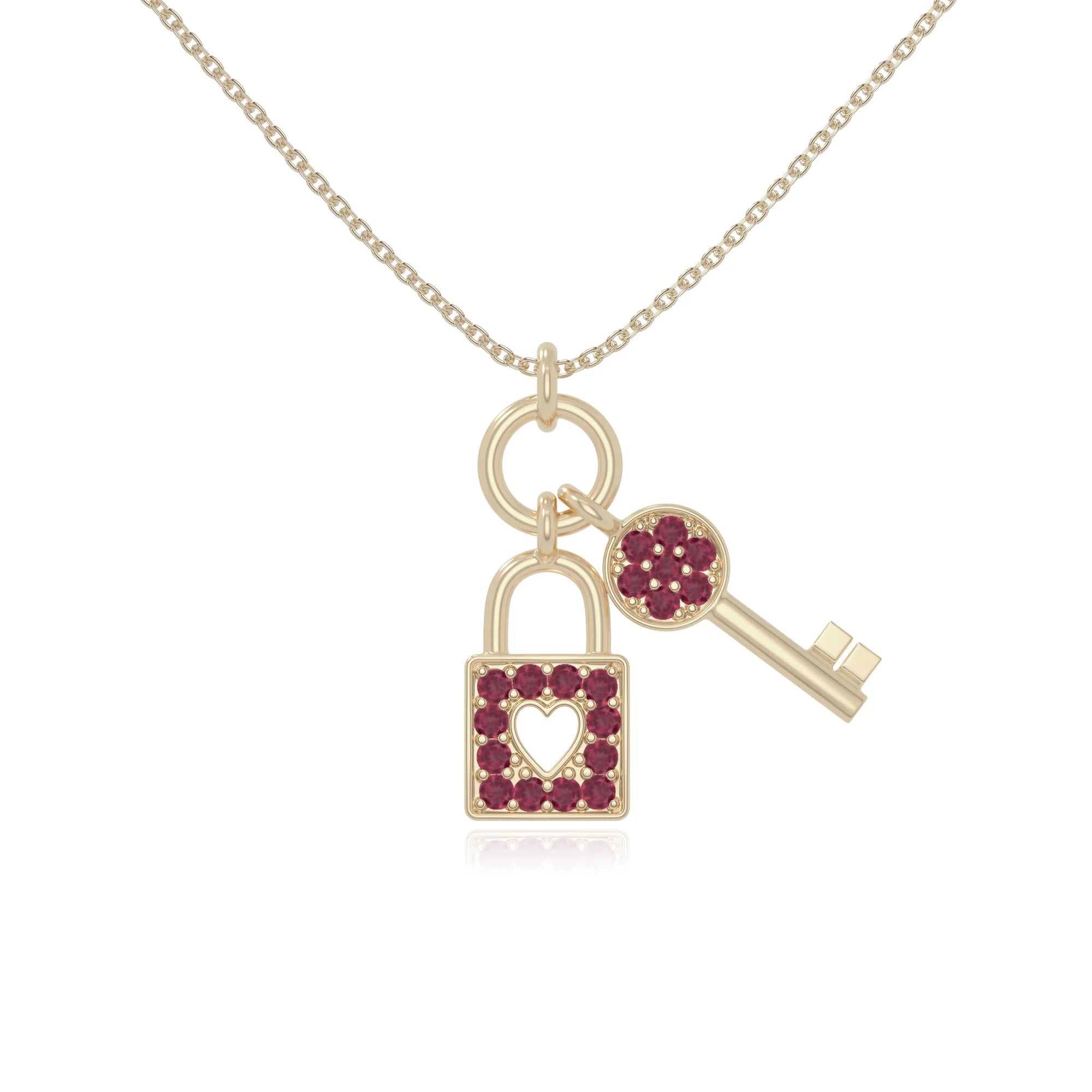 natural ruby lock & key necklaces in yellow gold vermeil 