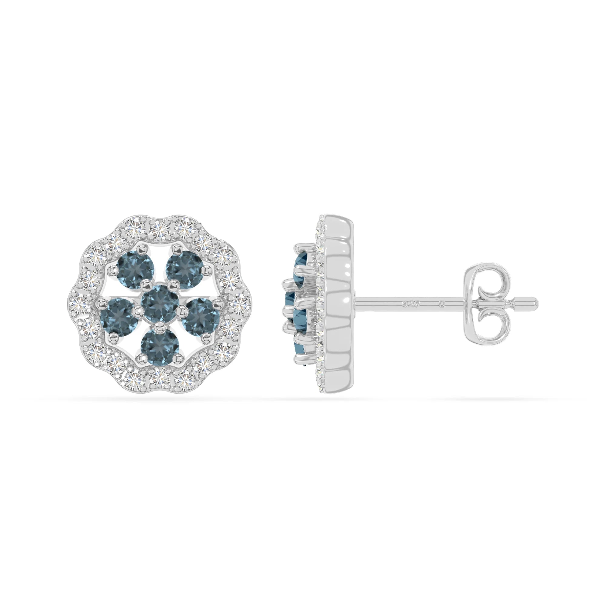 natural london-blue-topaz flower stud earrings in sterling silver 