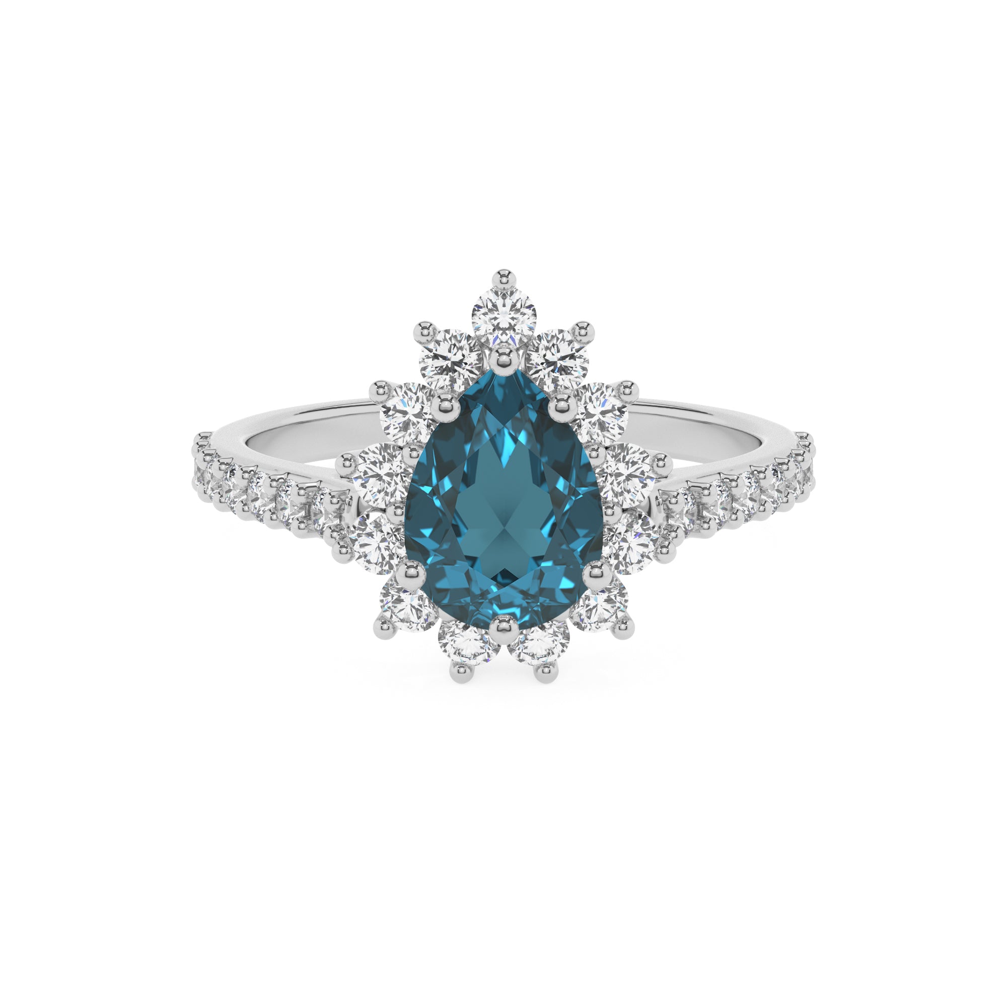 natural london blue topaz pear half eterity halo solitaire engagement ring