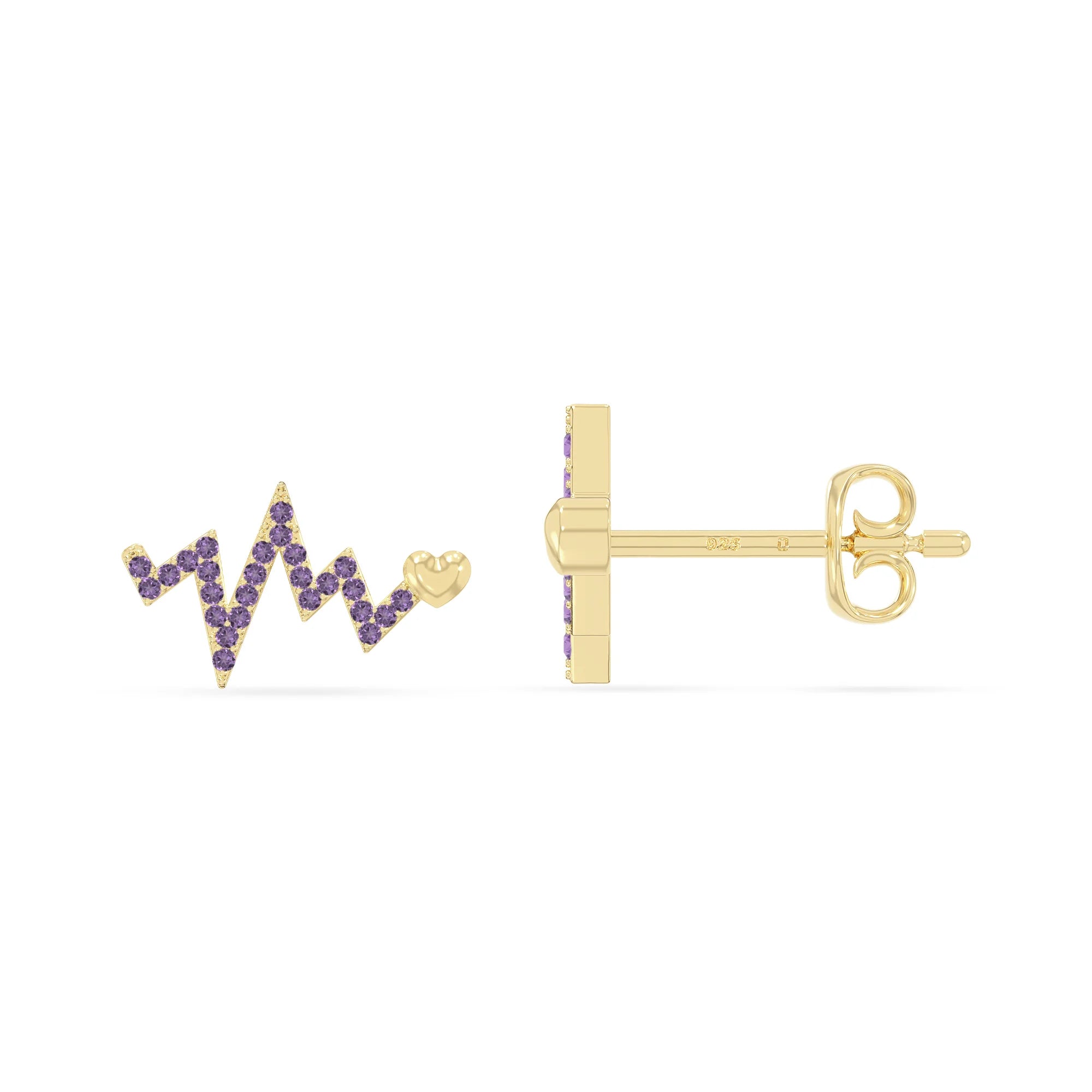 natural amethyst heartbeat stud earrings in yellow gold vermeil 