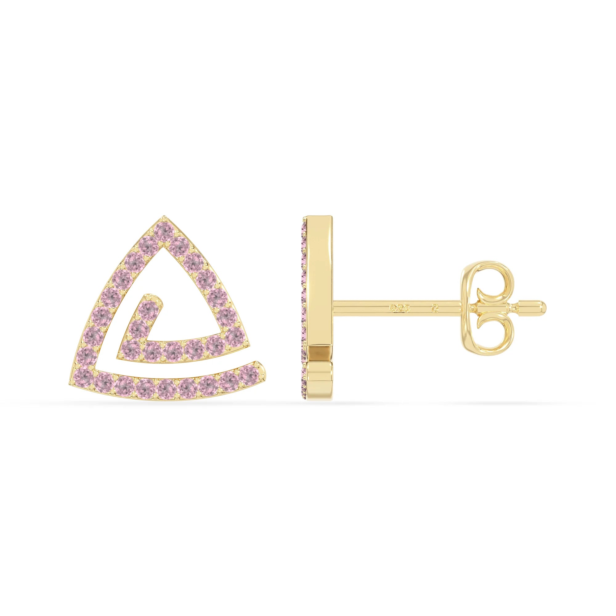 natural pink-tourmaline triangle stud earrings in yellow gold vermeil 