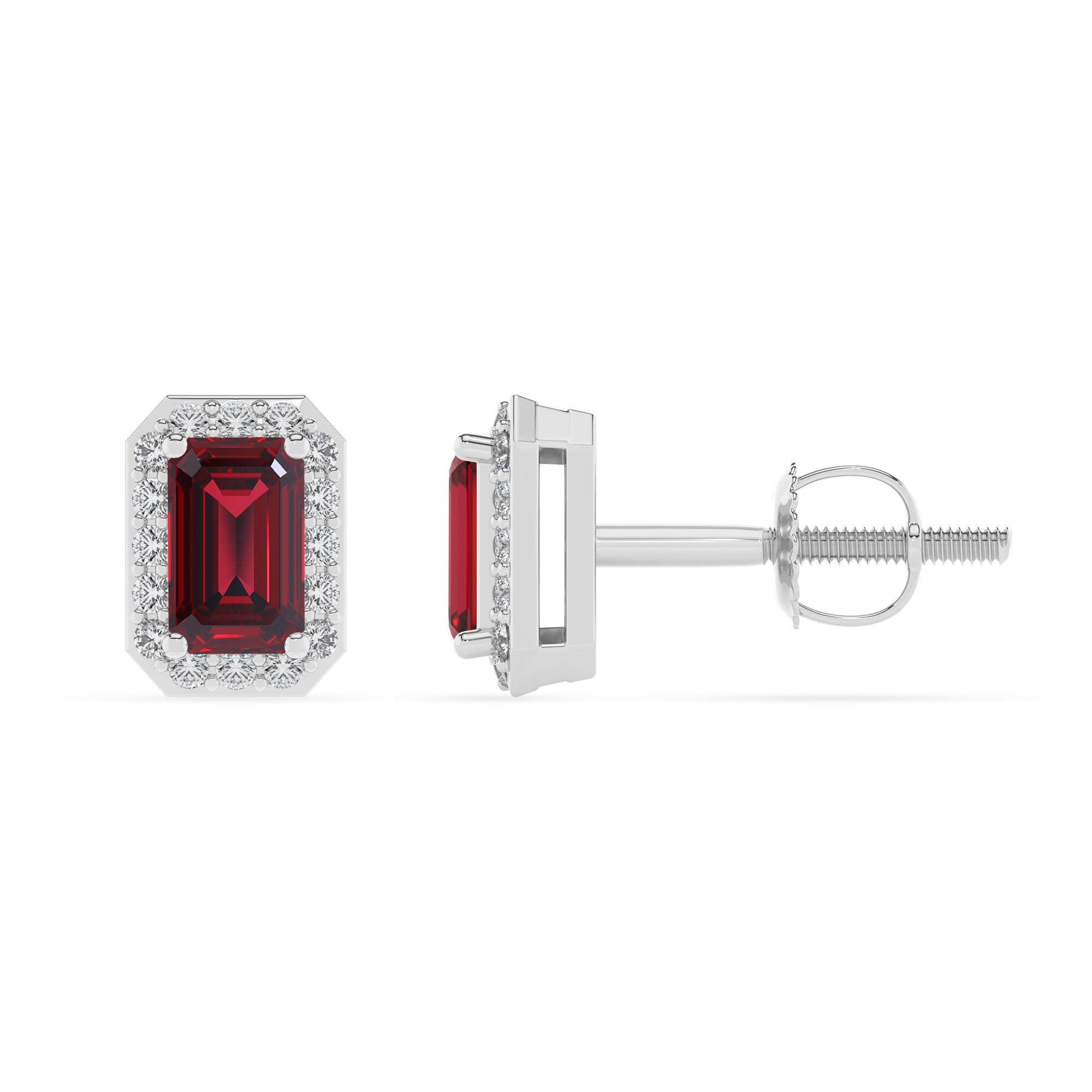 lab grown ruby emerald cut stud earrings with moissanite 