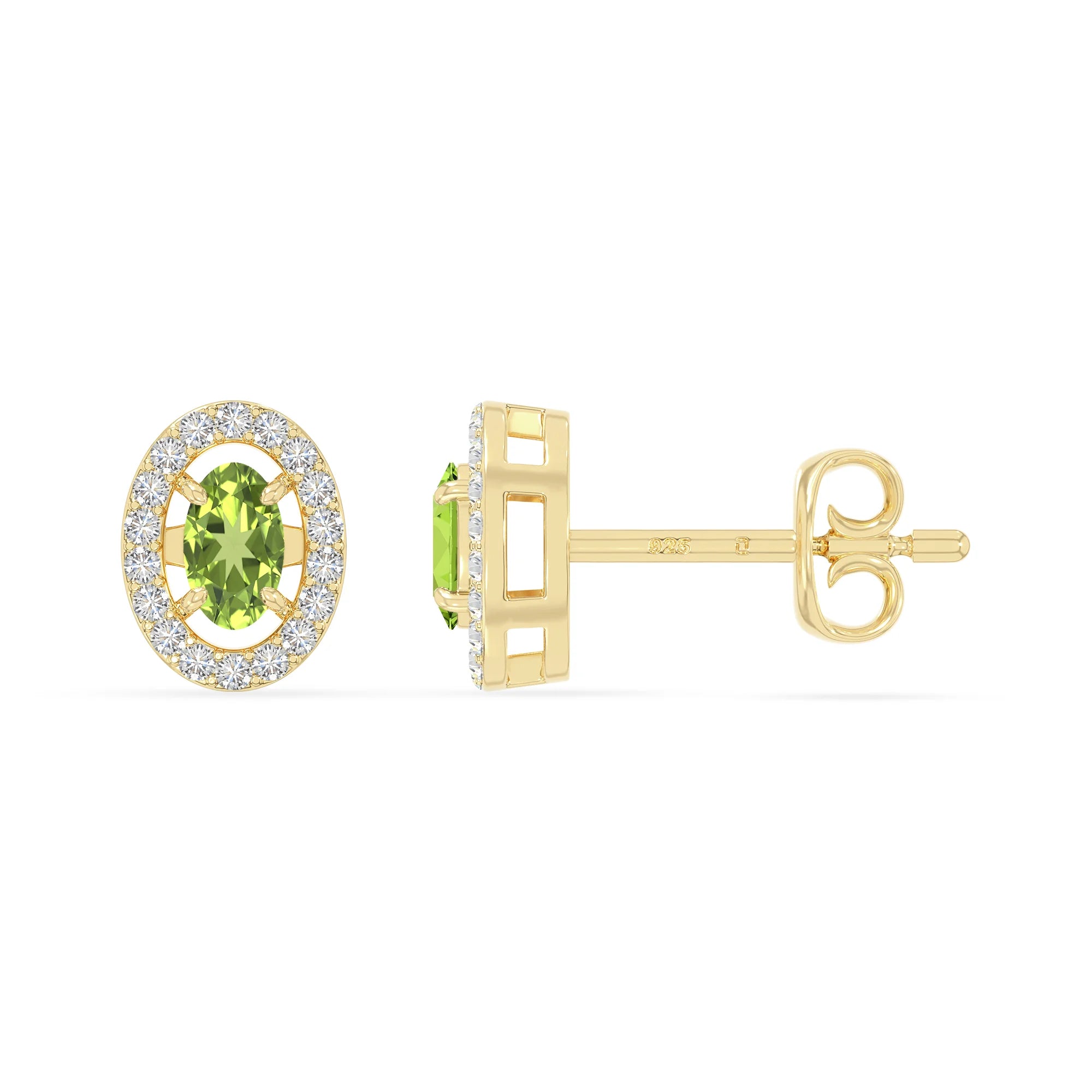 natural peridot halo stud earrings in yellow gold vermeil 