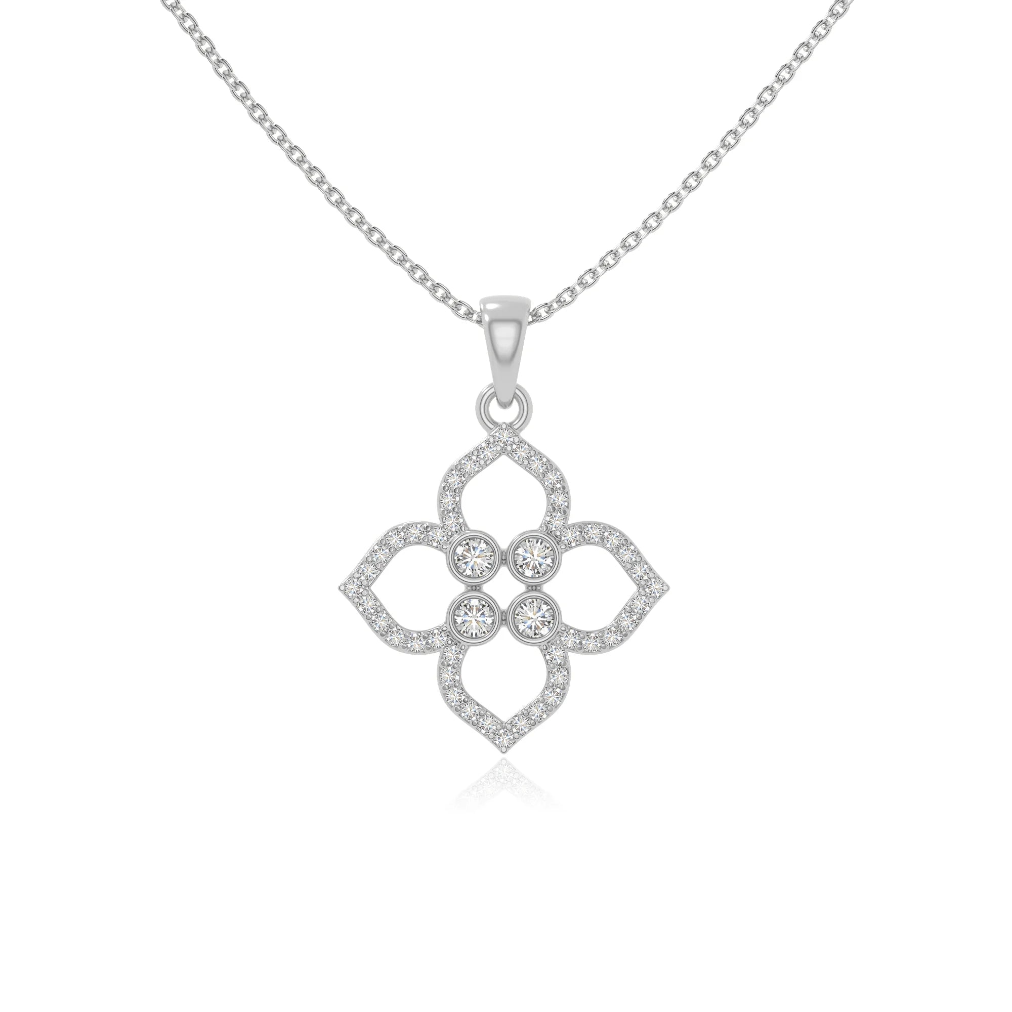 moissanite 4 petal flower necklaces in sterling silver 