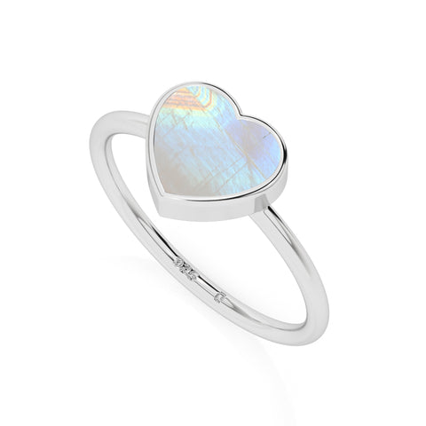 rainbow moonstone heart shape stackable bezel-set ring