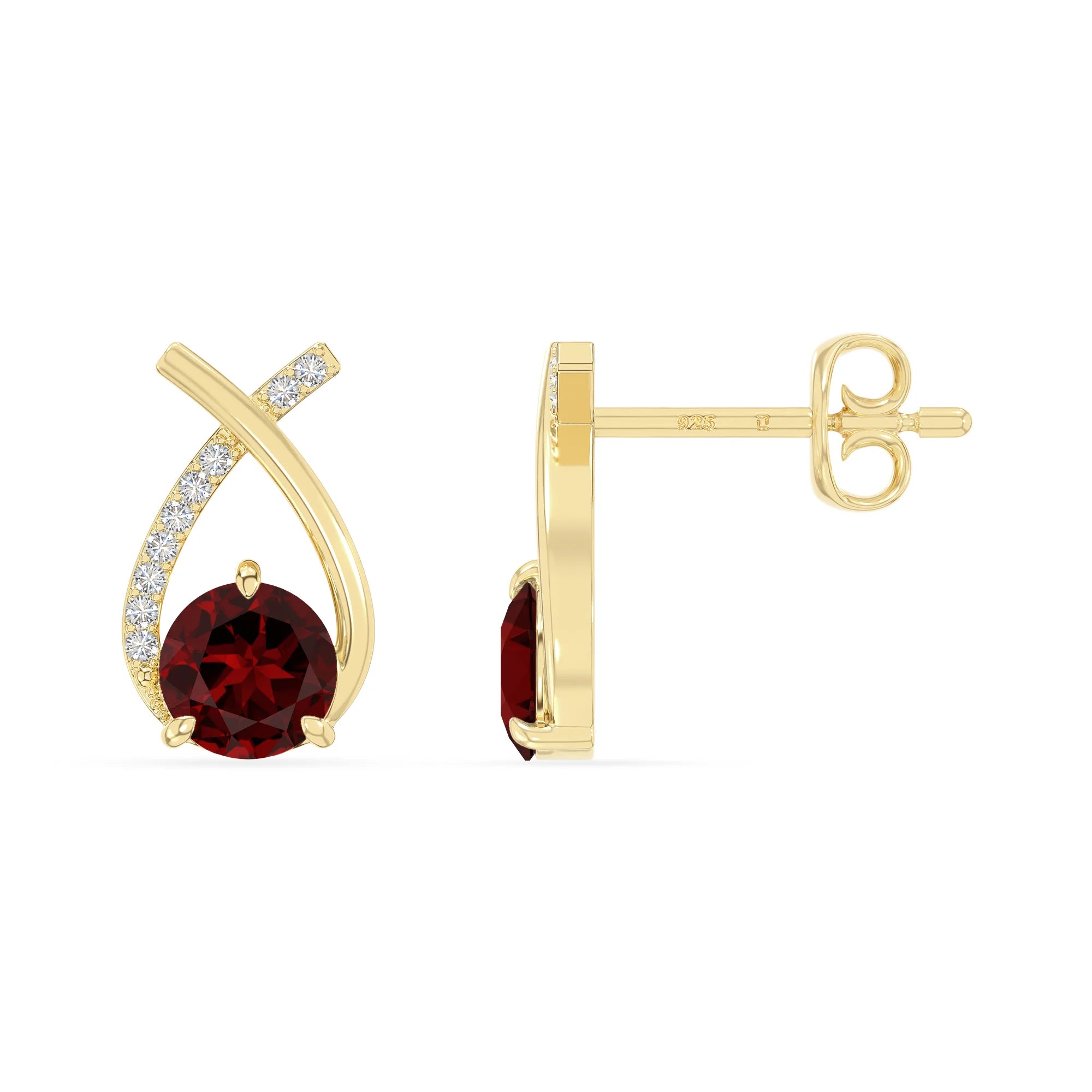 natural garnet fishtail stud earrings in yellow gold vermeil 