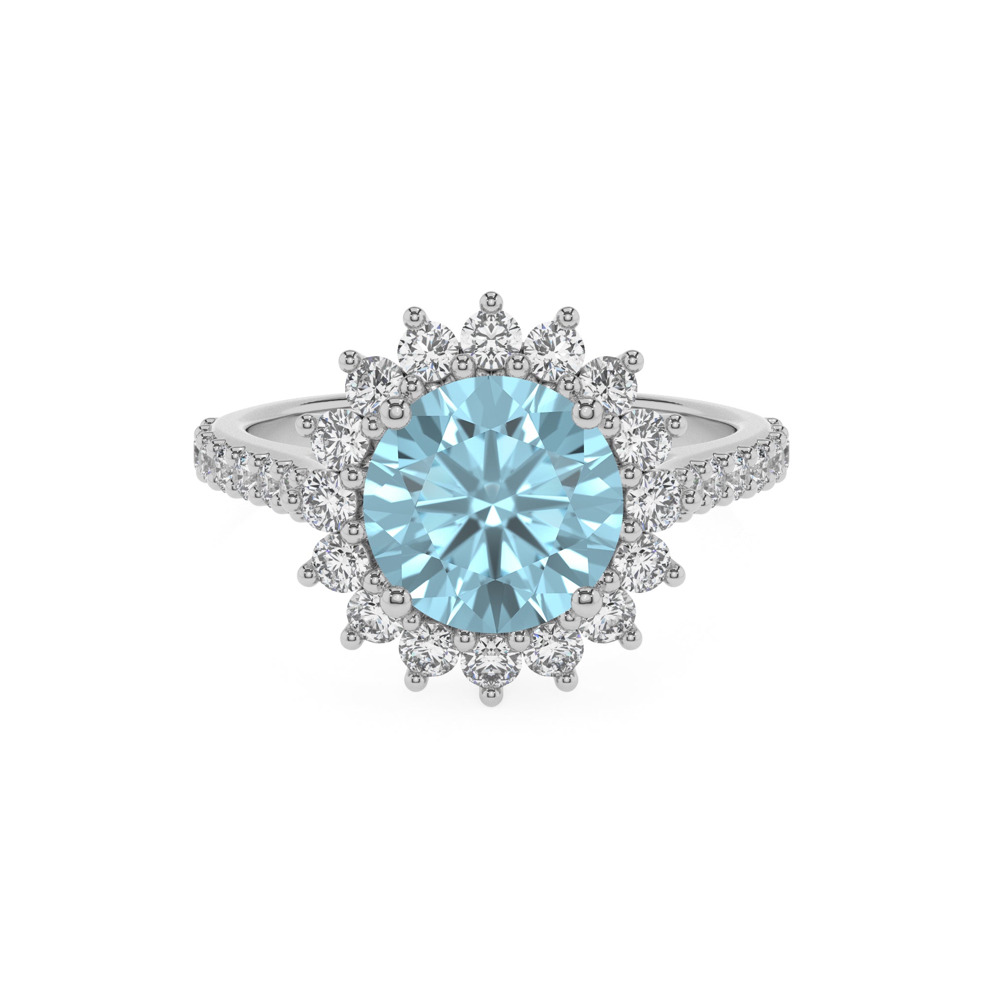 lab grown aquamarine round half eterity halo solitaire engagement ring