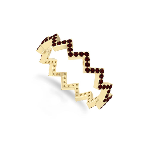 natural garnet zig-zag wedding band rings in yellow gold vermeil