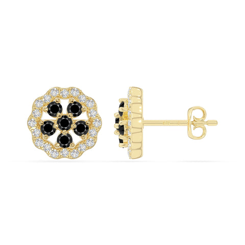 natural black-onyx flower stud earrings in yellow gold vermeil 