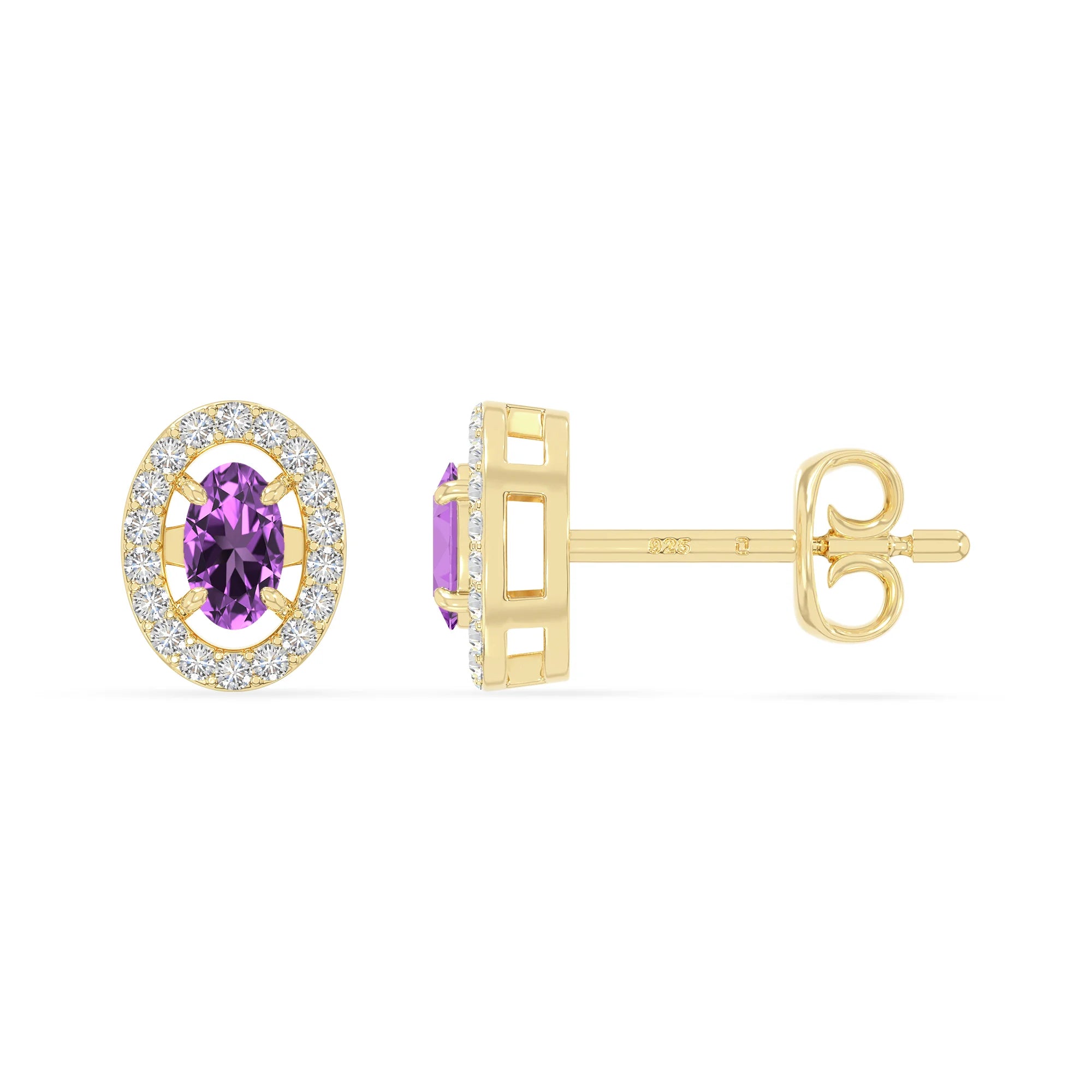 natural amethyst halo stud earrings in yellow gold vermeil 