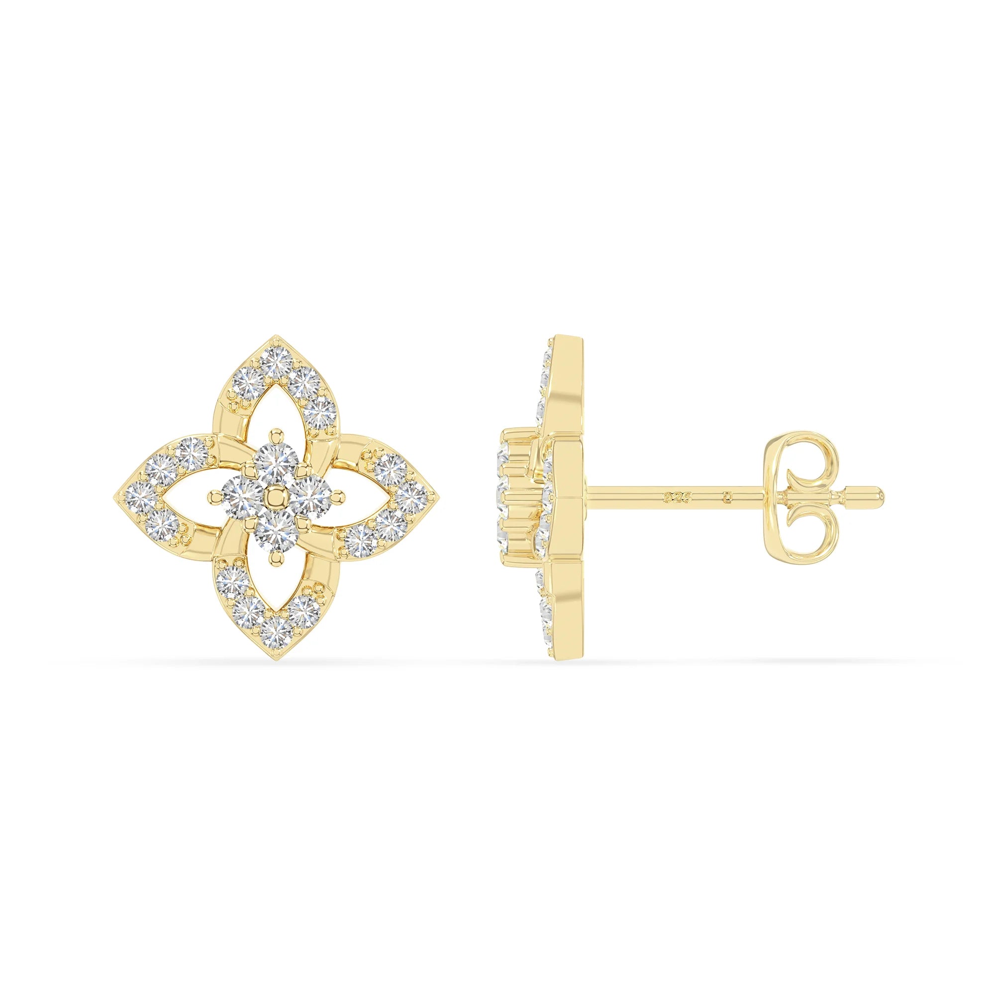 moissanite 4 petal flower stud earrings in yellow gold vermeil 