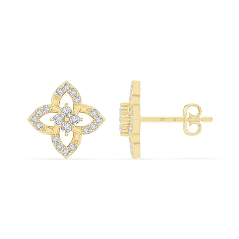 moissanite 4 petal flower stud earrings in yellow gold vermeil 