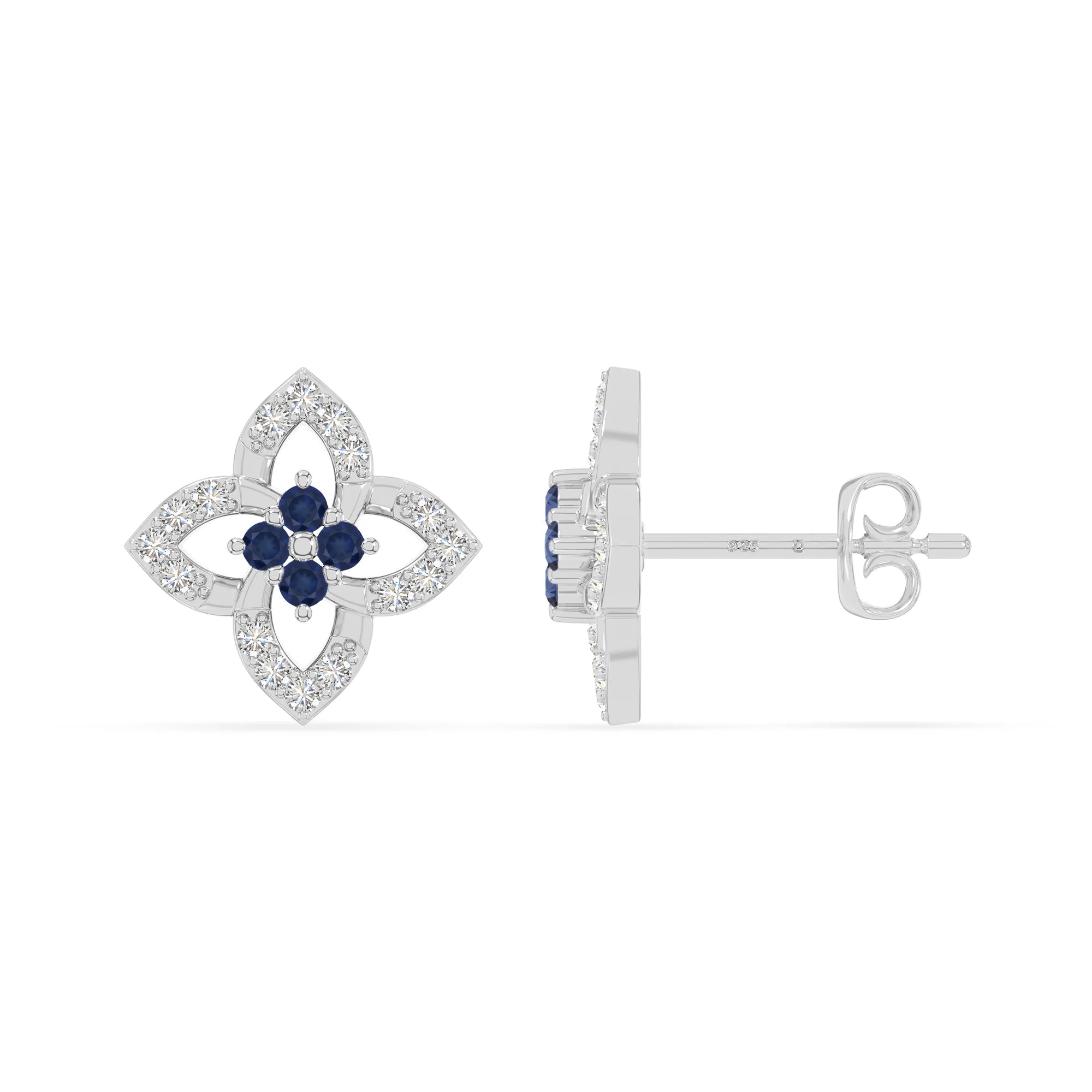 natural blue-sapphire 4 petal flower stud earrings in sterling silver 