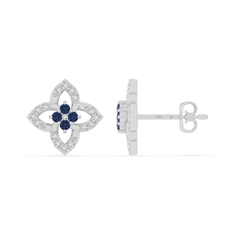 natural blue-sapphire 4 petal flower stud earrings in sterling silver 