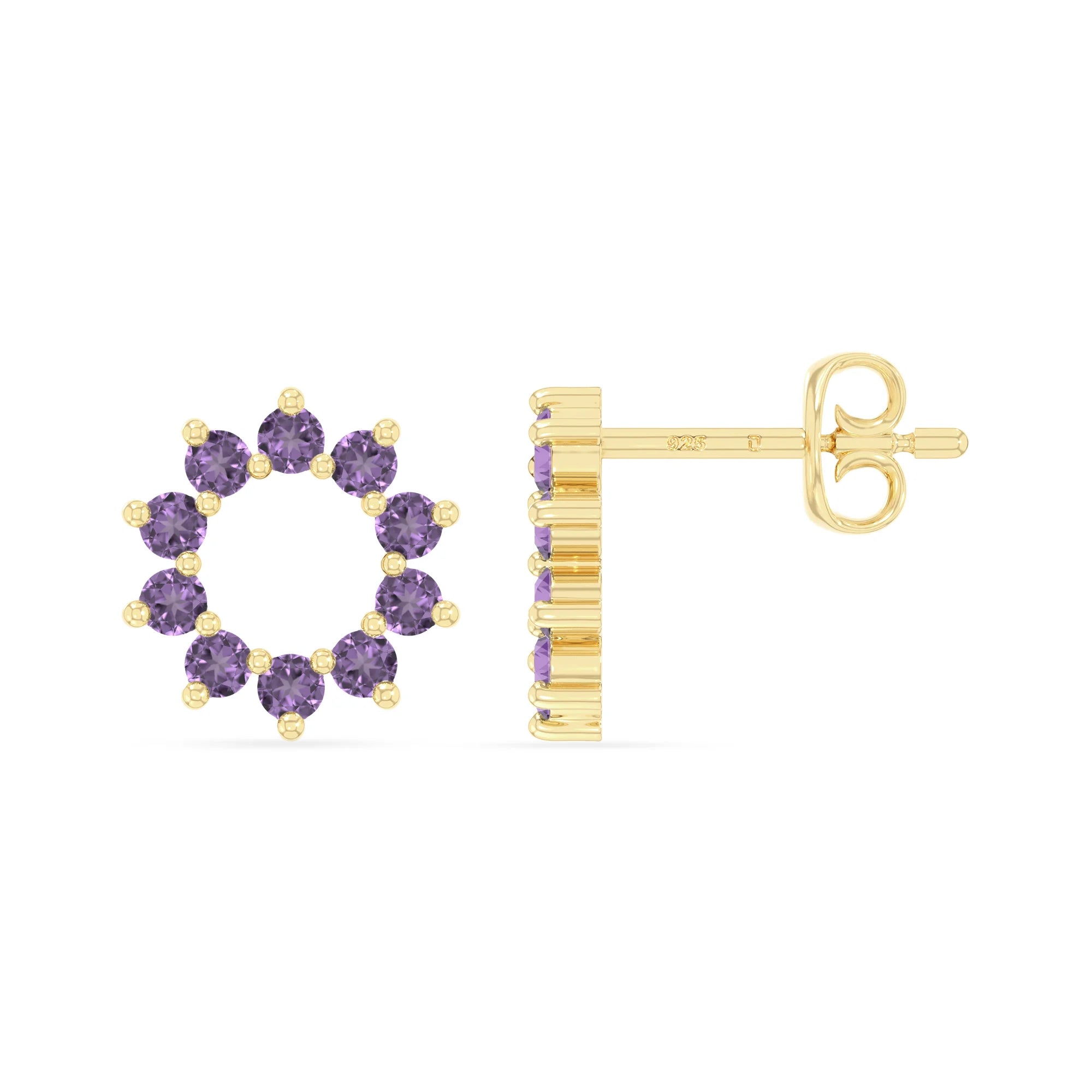natural amethyst sun stud earrings in yellow gold vermeil 