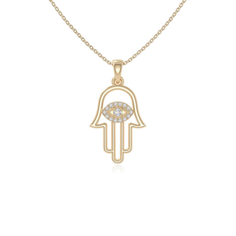 moissanite evil eye hamsa hand necklaces in yellow gold vermeil 