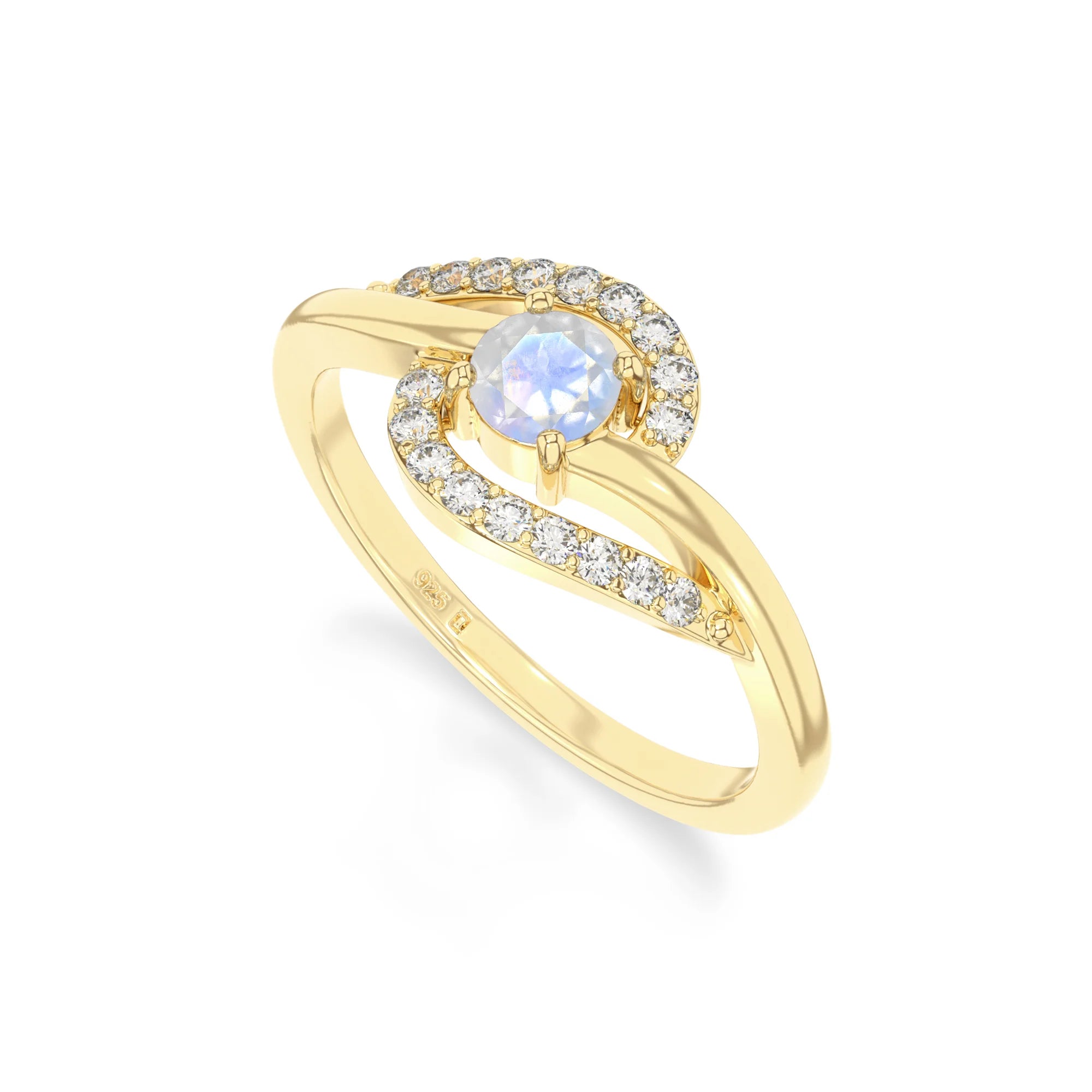 natural rainbow moonstone infinity solitaire rings in yellow gold vermeil