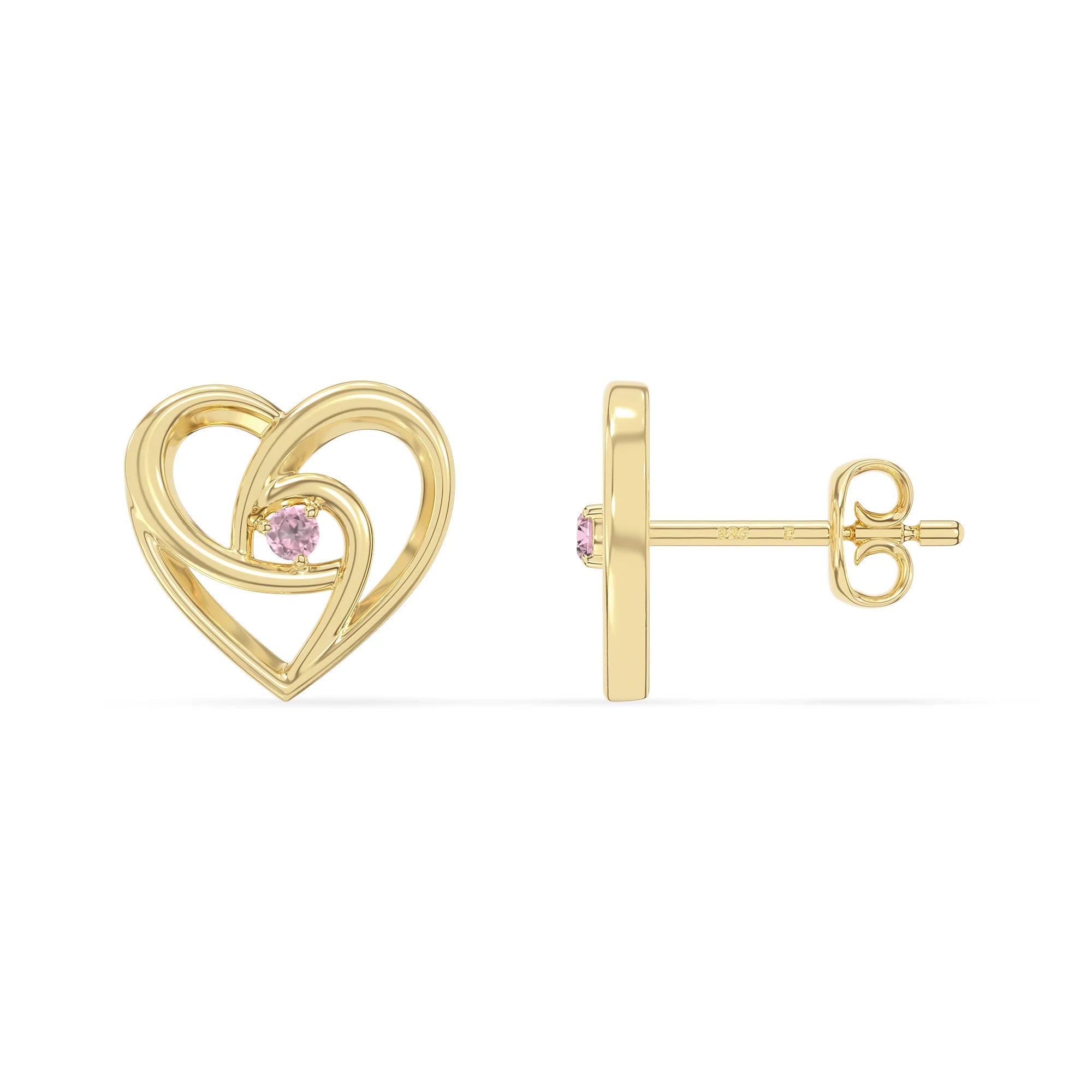 natural pink-tourmaline heart stud earrings in yellow gold vermeil 