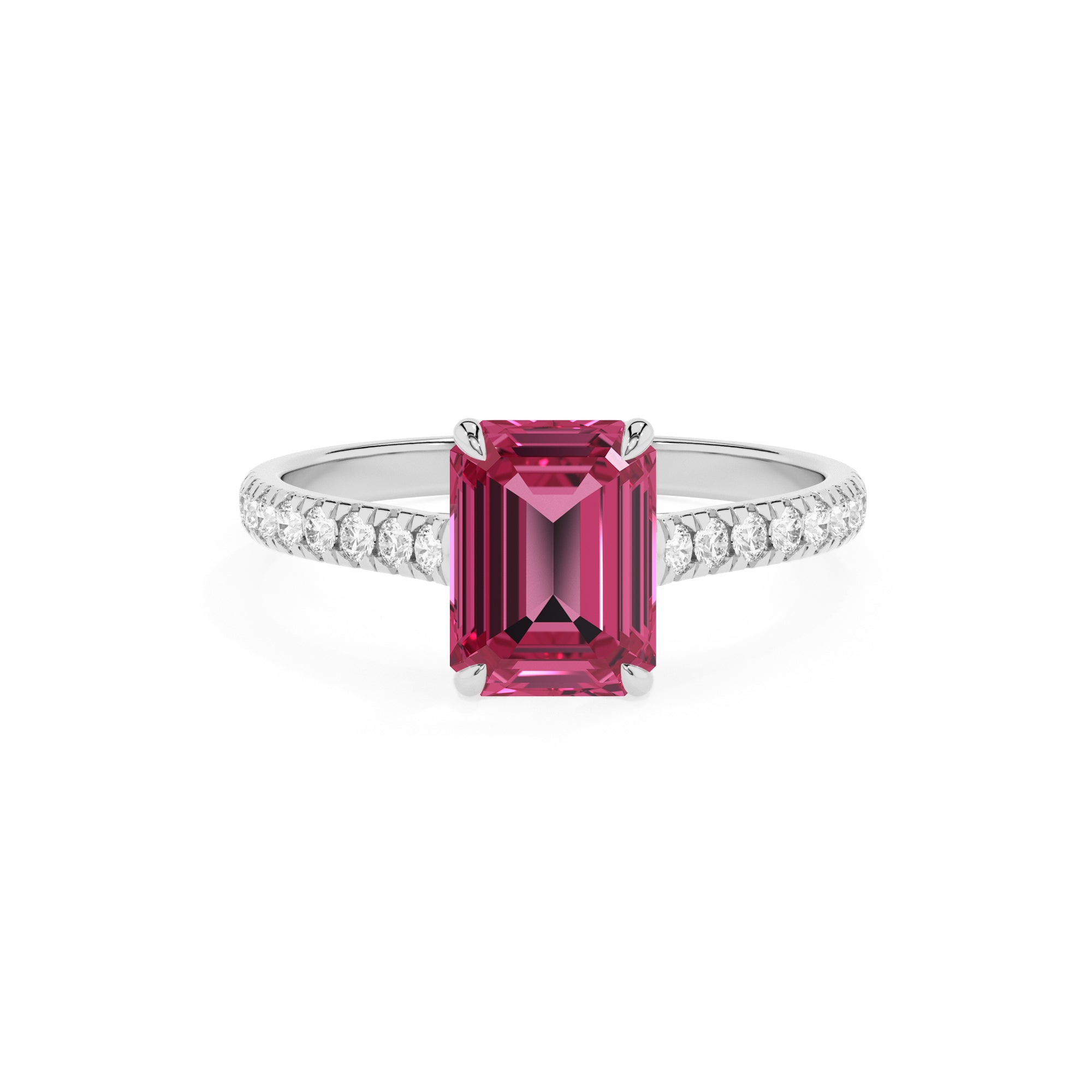 lab-grown pink-tourmaline emerald half eterity solitaire engagement ring