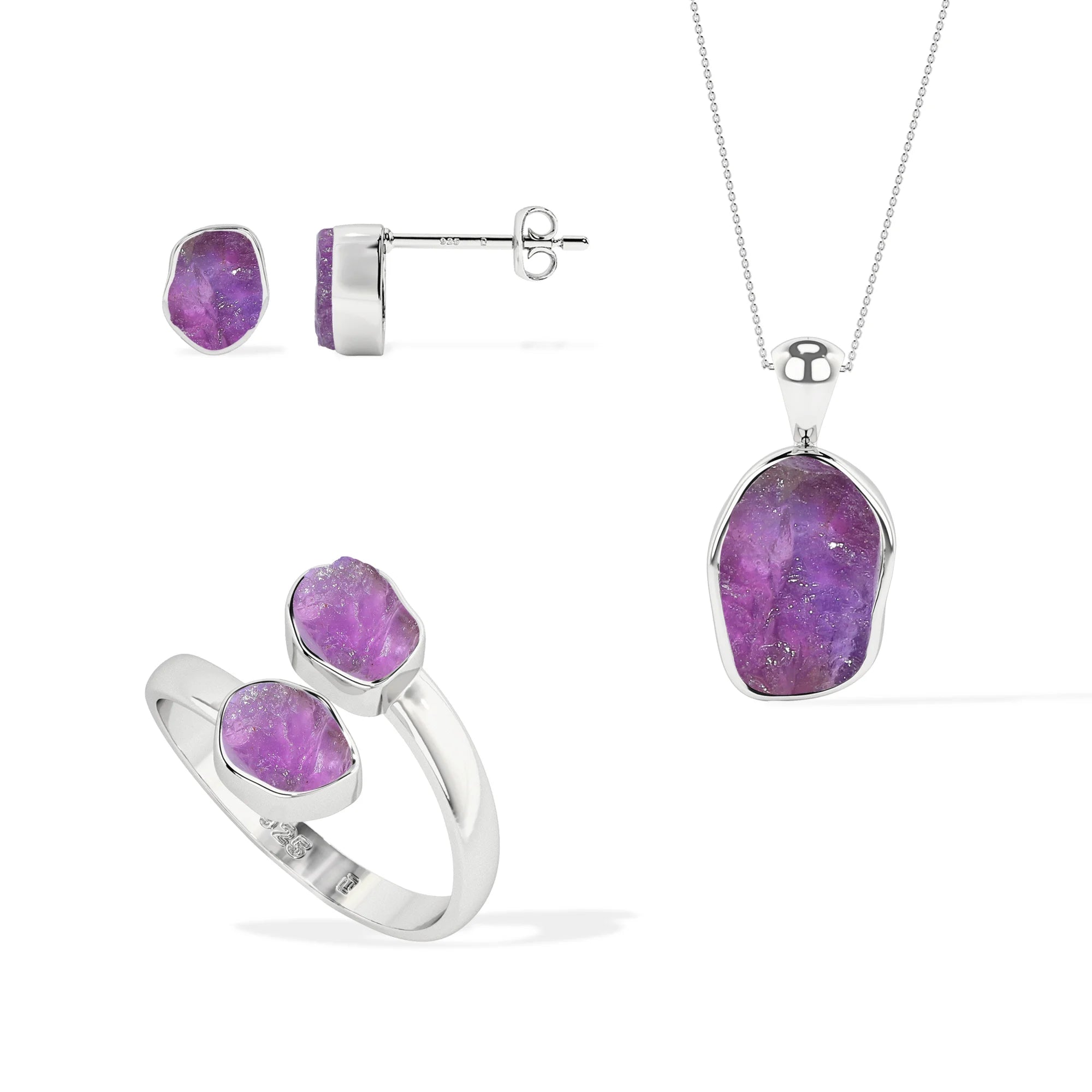 amethyst rough shape stackable bezel Jewelry set