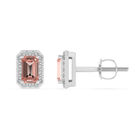 lab grown morganite emerald cut stud earrings with moissanite 