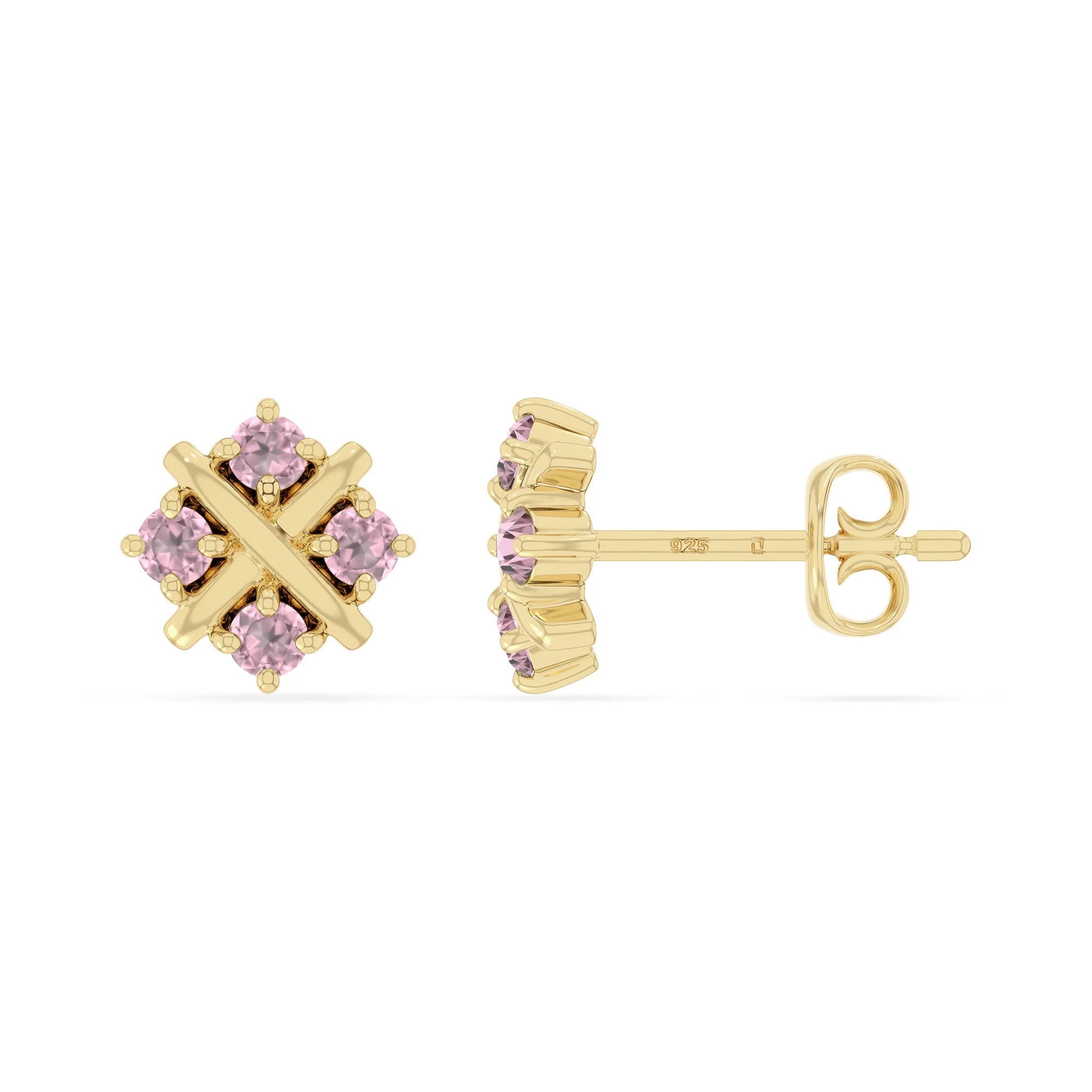 natural pink-tourmaline flower stud earrings in yellow gold vermeil 