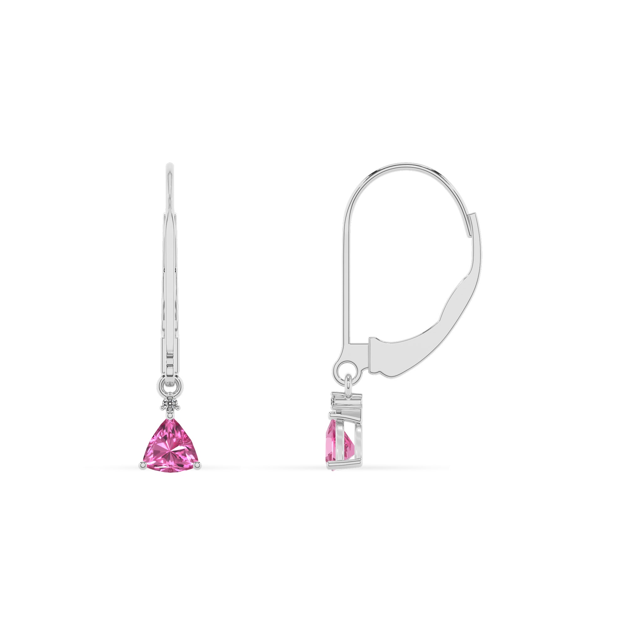 lab grown pink sapphire trillion dangle earrings with moissanite 