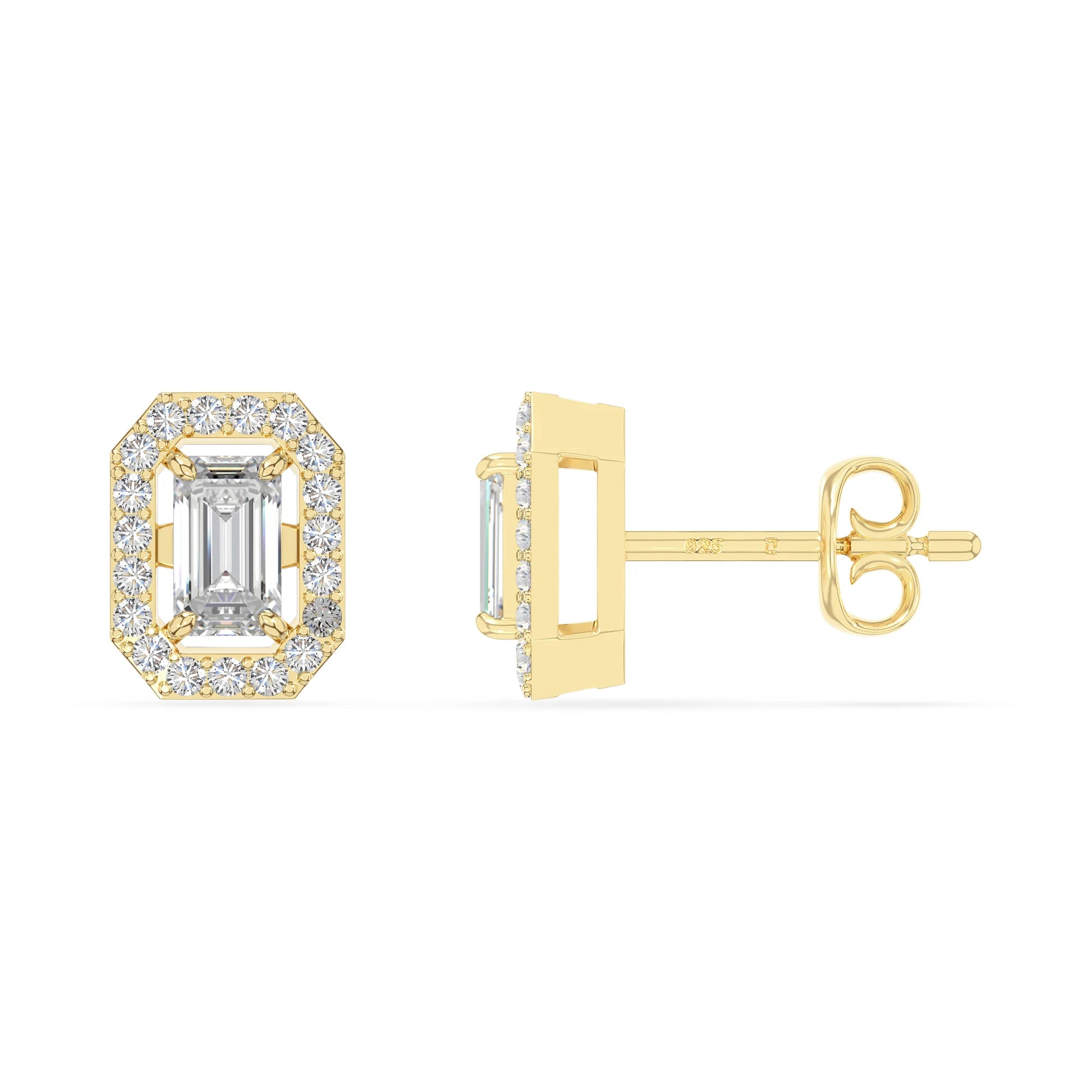 moissanite halo stud earrings in yellow gold vermeil 