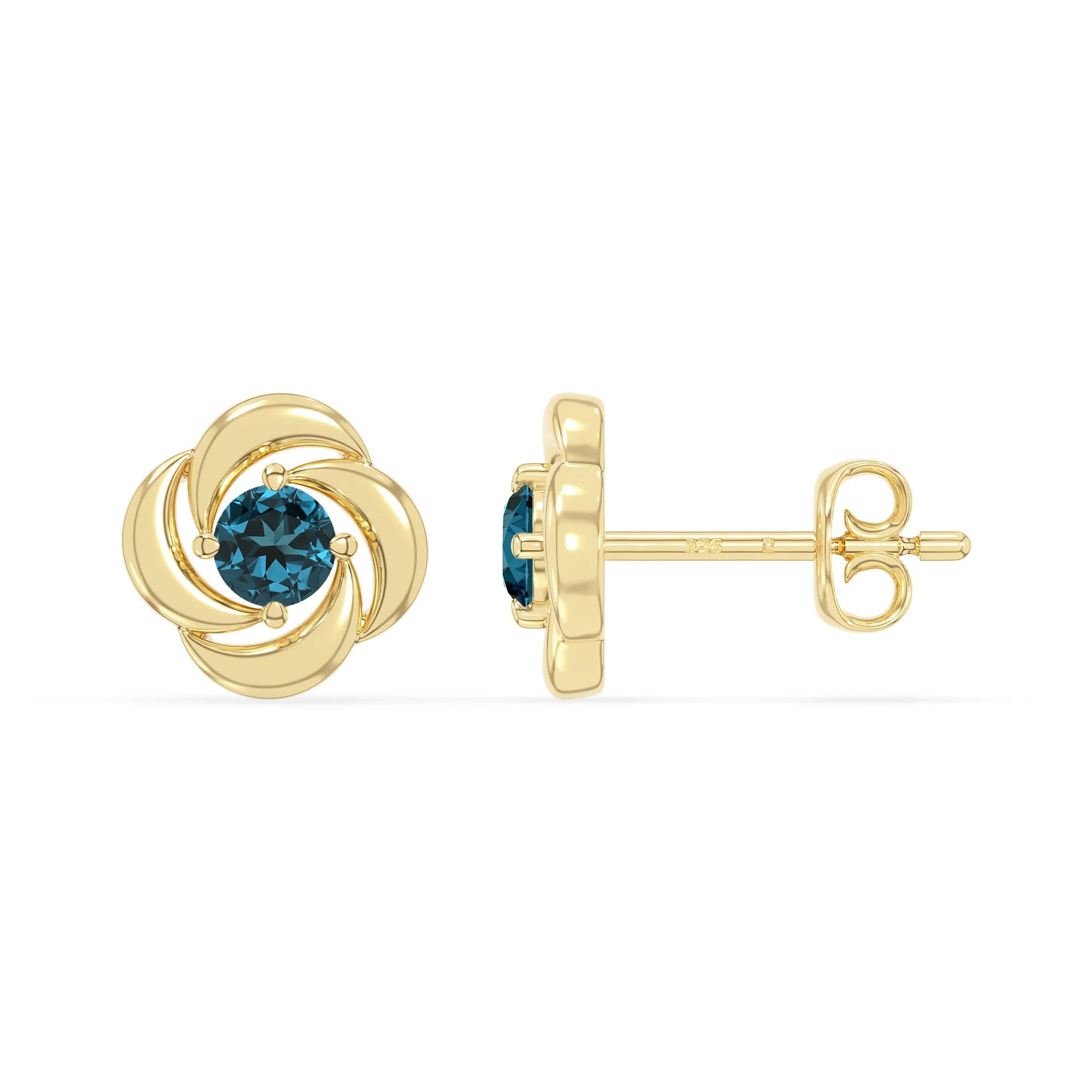 natural london-blue-topaz flower stud earrings in yellow gold vermeil 