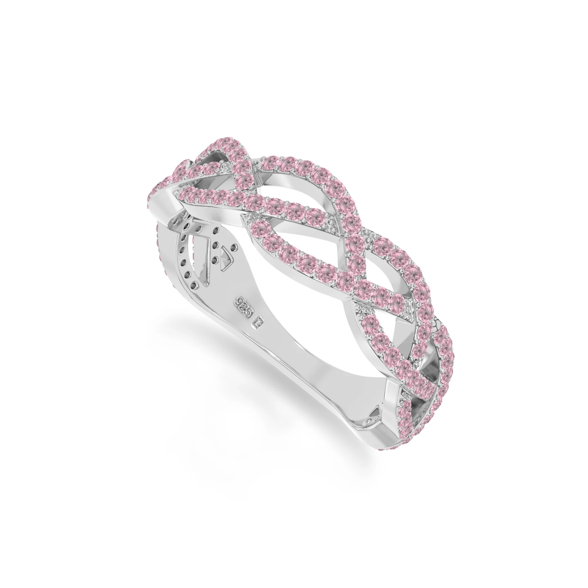 natural pink tourmaline twisted braided wedding band rings in sterling silver 