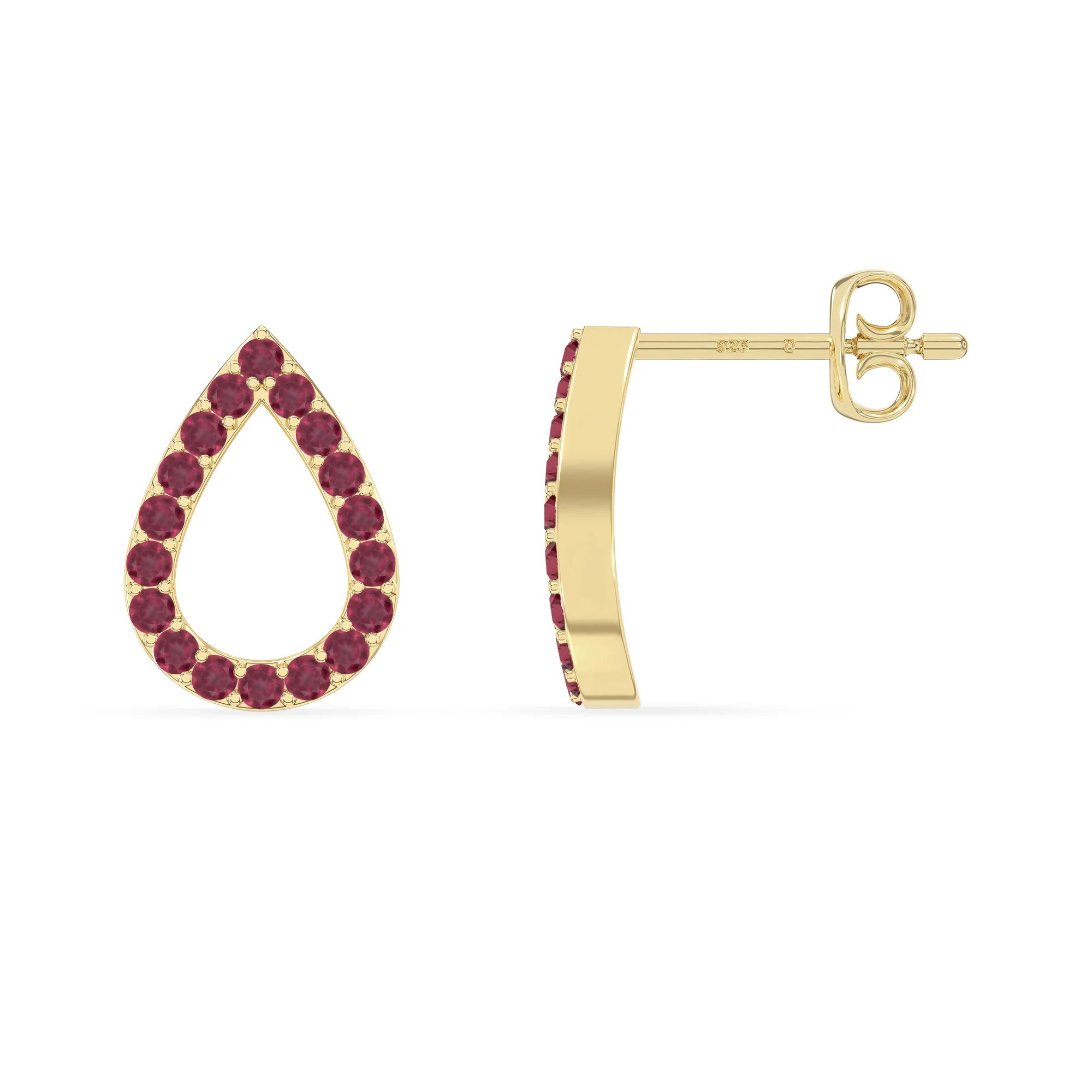 natural ruby teardrop stud earrings in yellow gold vermeil 