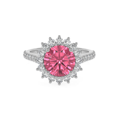 lab-grown pink-tourmaline round half eterity halo solitaire engagement ring