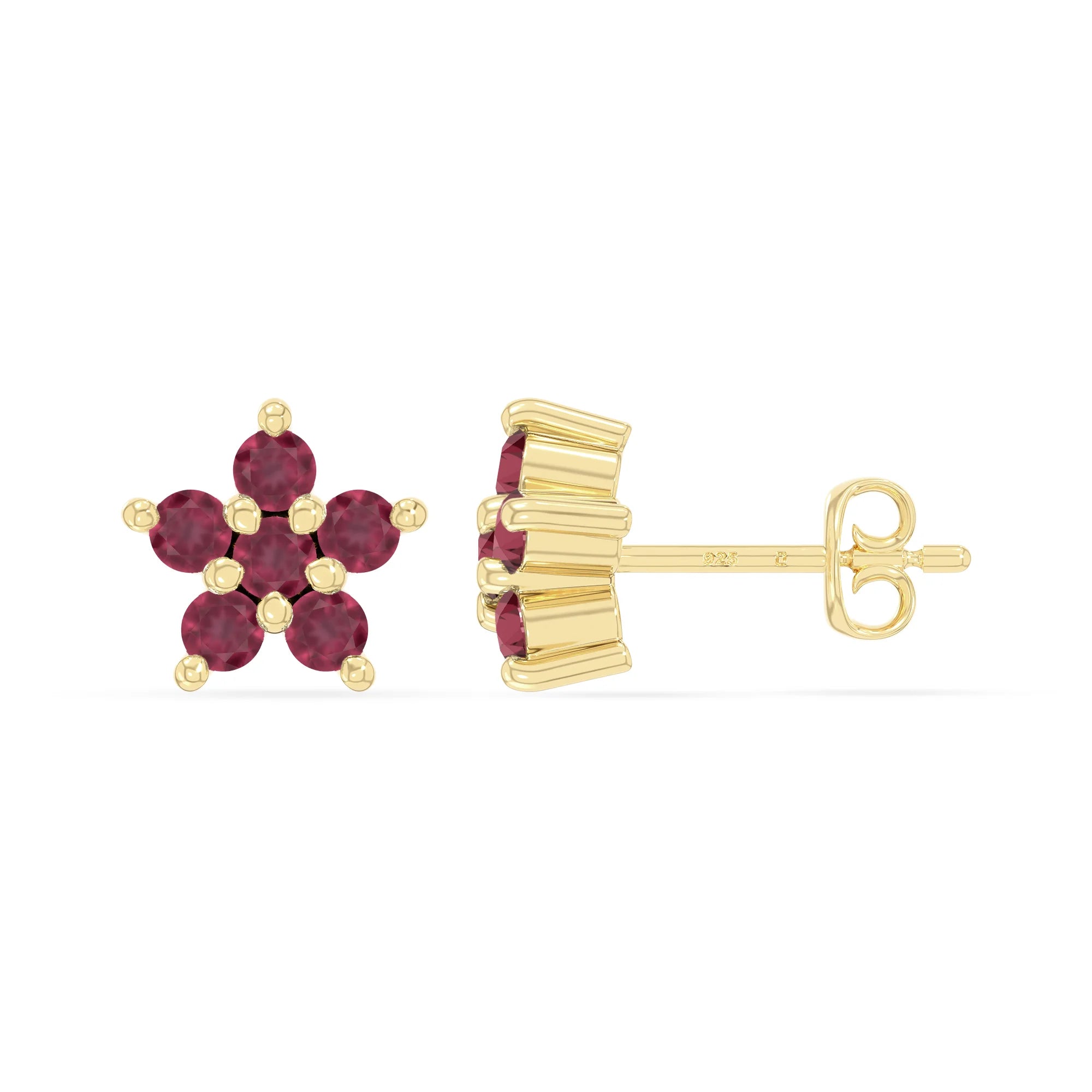 natural ruby flower stud earrings in yellow gold vermeil 