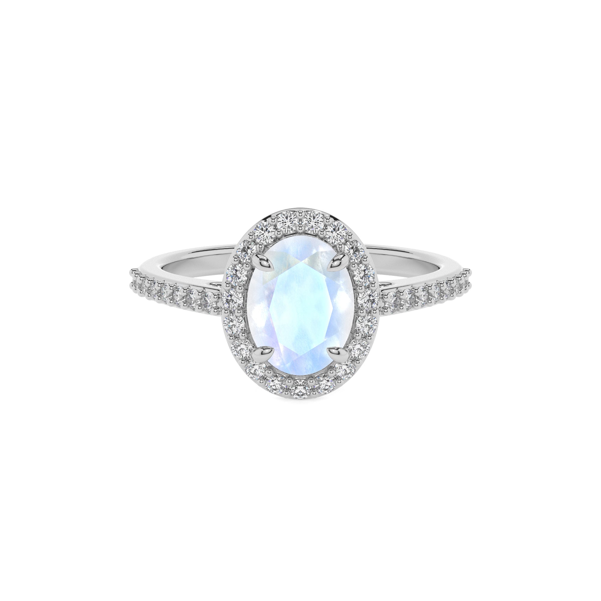 natural rainbow-moonstone oval half eterity halo solitaire engagement ring