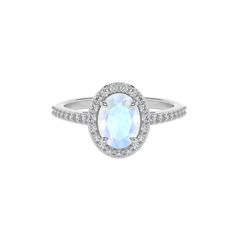 natural rainbow-moonstone oval half eterity halo solitaire engagement ring