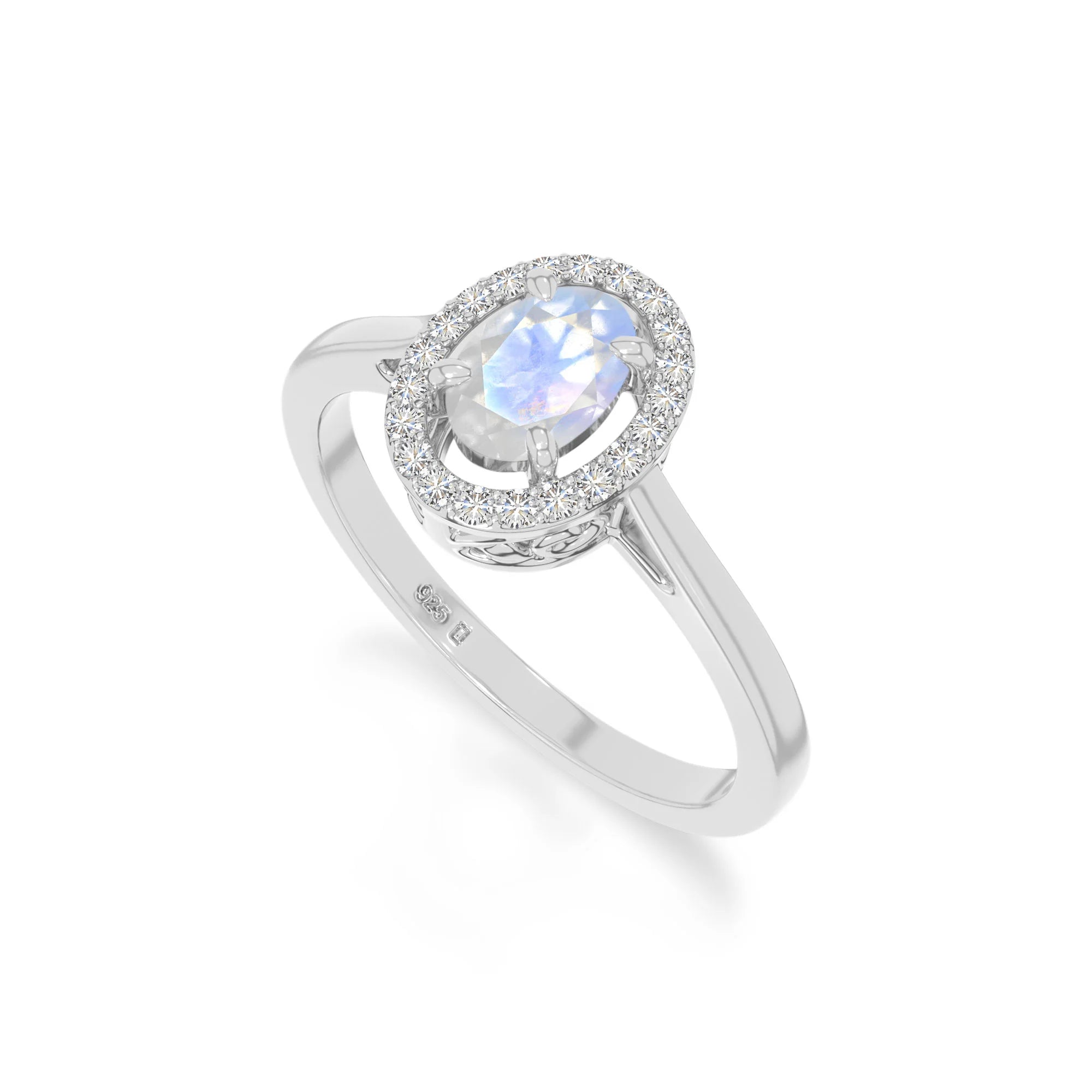 natural rainbow moonstone solitaire halo engagement rings in sterling silver 