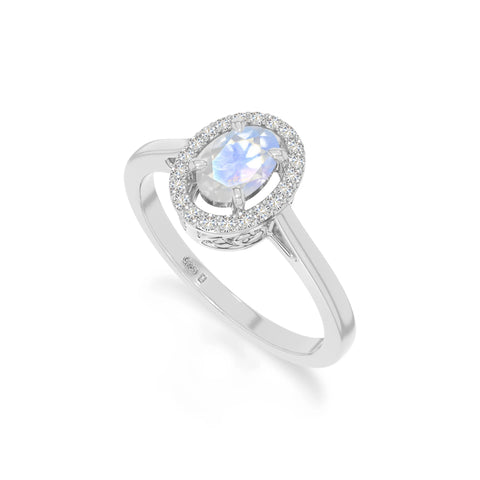 natural rainbow moonstone solitaire halo engagement rings in sterling silver 