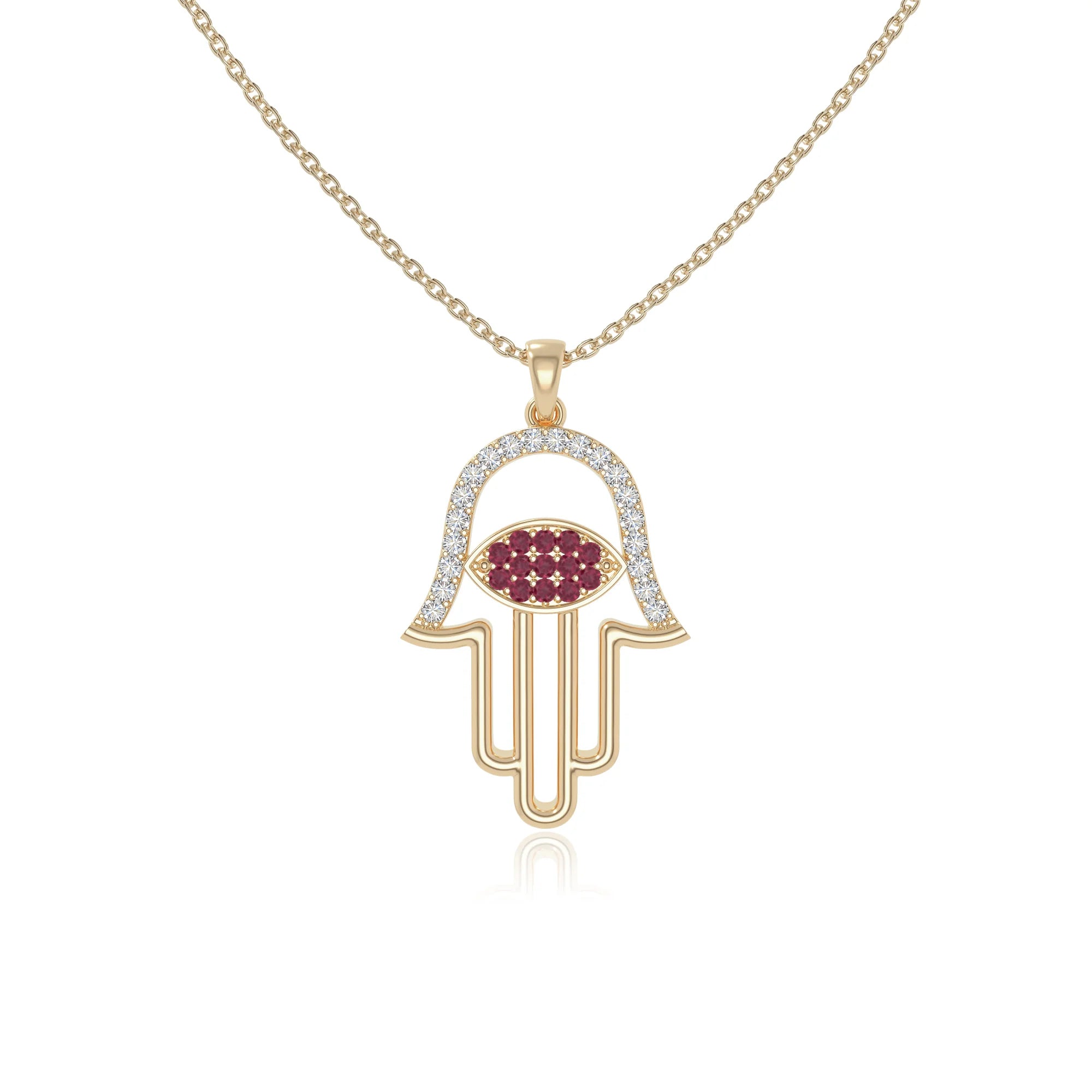 natural ruby evil eye hamsa hand necklaces in yellow gold vermeil 