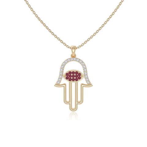 natural ruby evil eye hamsa hand necklaces in yellow gold vermeil 